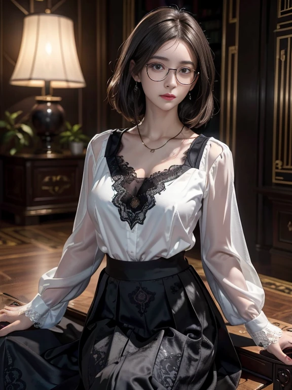 (Realistic、High resolution:1.3),alone, One Girl, masterpiece, highest quality, Very detailed, Cinema Lighting, Intricate details, High resolution, Official Art, Beautifully detailed face and eyes, High resolutionのイラスト, 8k, (Short Bob Hair), Ash Brown Hair:1.3, Very thin body, ((Long skirt、Black lace blouse :1.3)) 、Single Blade, blue eyes, Glasses, Conceit, Sit on a chair, Upper Body, Big Breasts, White shirt, Book_stack, library, ((vine)), Looking at the audience