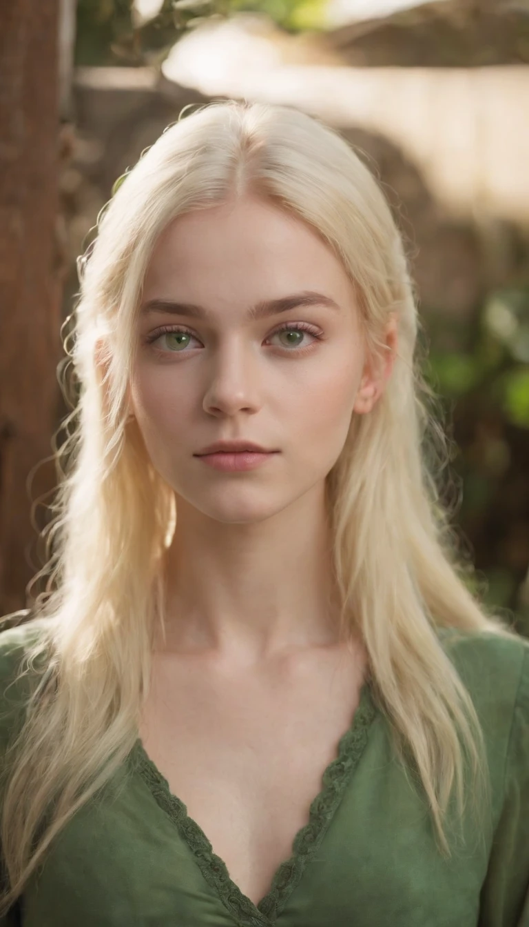 A realistic photo shot of a head face , 19 year old girl who has light yellow hair and bright green eyes. Her look could, should be a beauty of Grenada Actress.