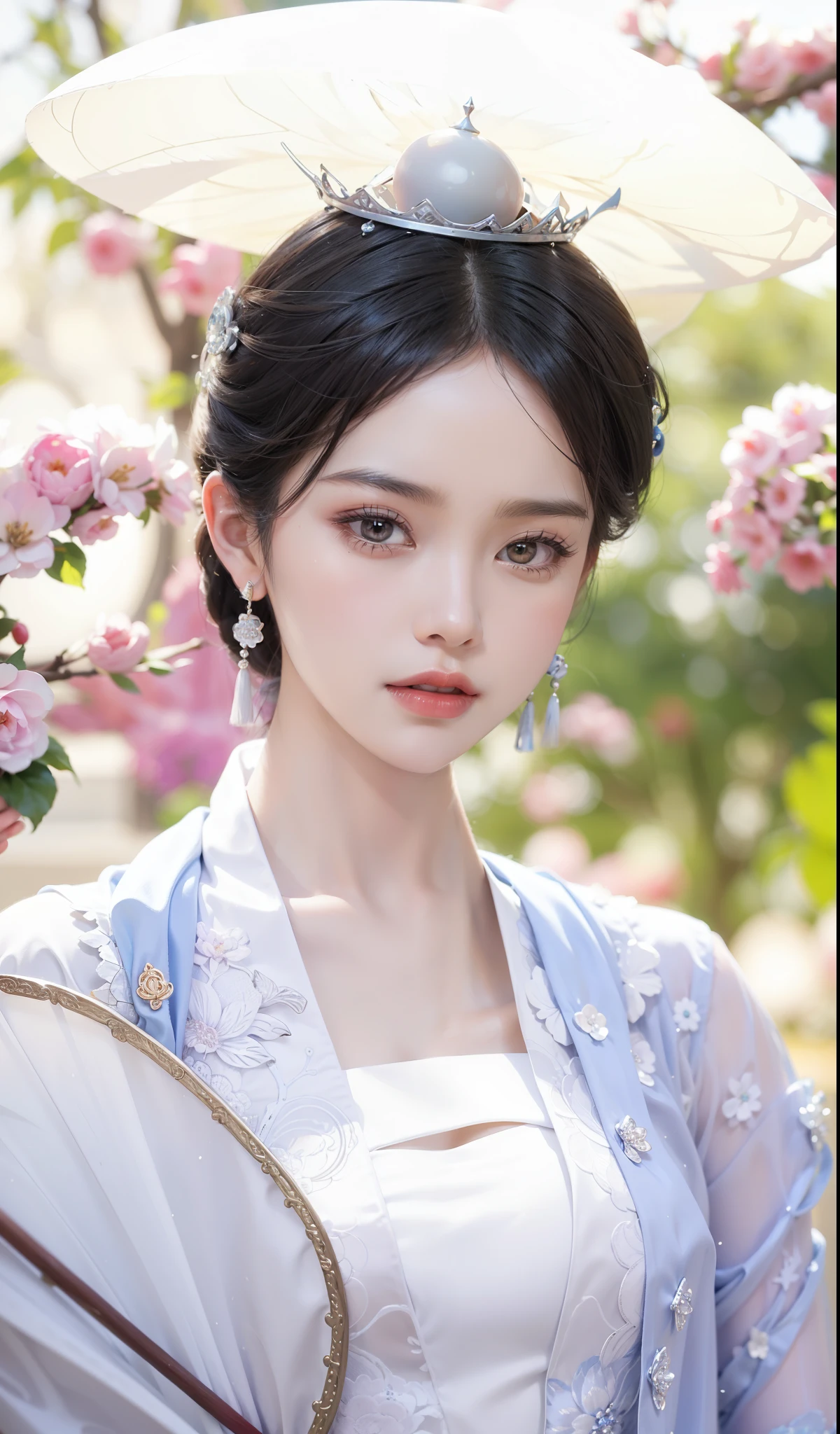 Chinese Mythology,Chang'e fairy,Royal princess,Exquisite eyes,Snow Queen,Put the crown on your head,Detailed facial expressions body,tall and big,Glamorous characters,Leg length,4K,HD,Sensual,White translucent lace,白皙Full figure,Little cherry mouth,Beautiful and lovely,Full figure,Glossy Gel Coat,Wearing a luxurious dress,holding fan in hand
