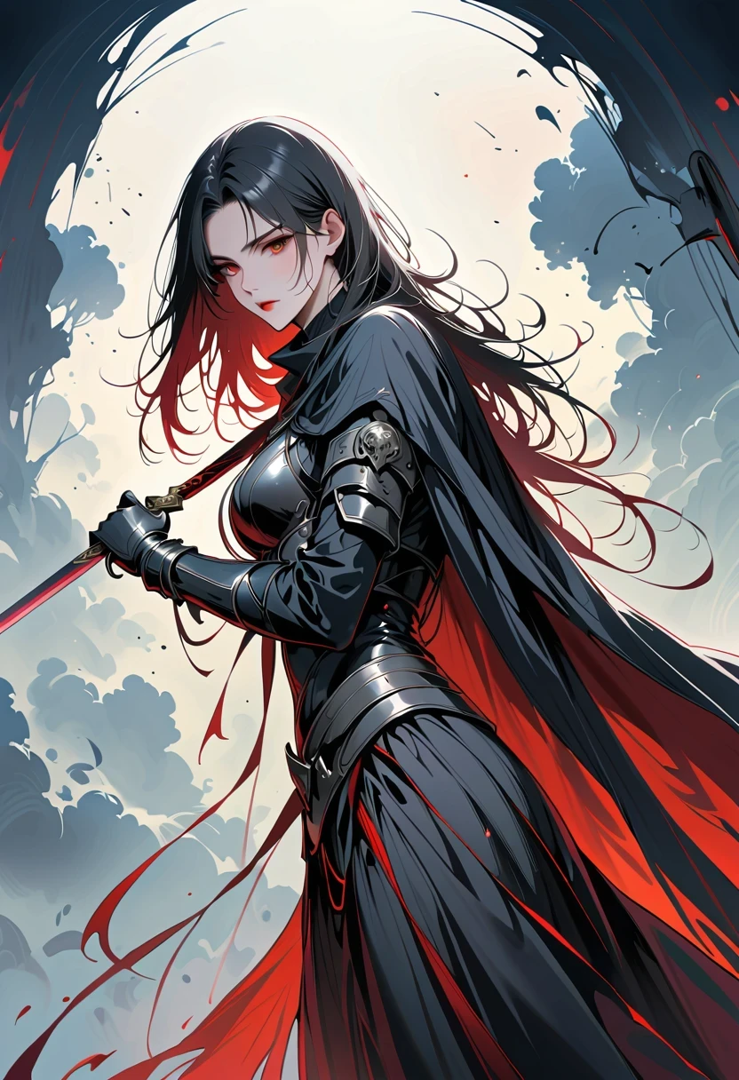 Girl with a sword,Simple lines,Minimalism,Abstract Art,Holding a red long sword,