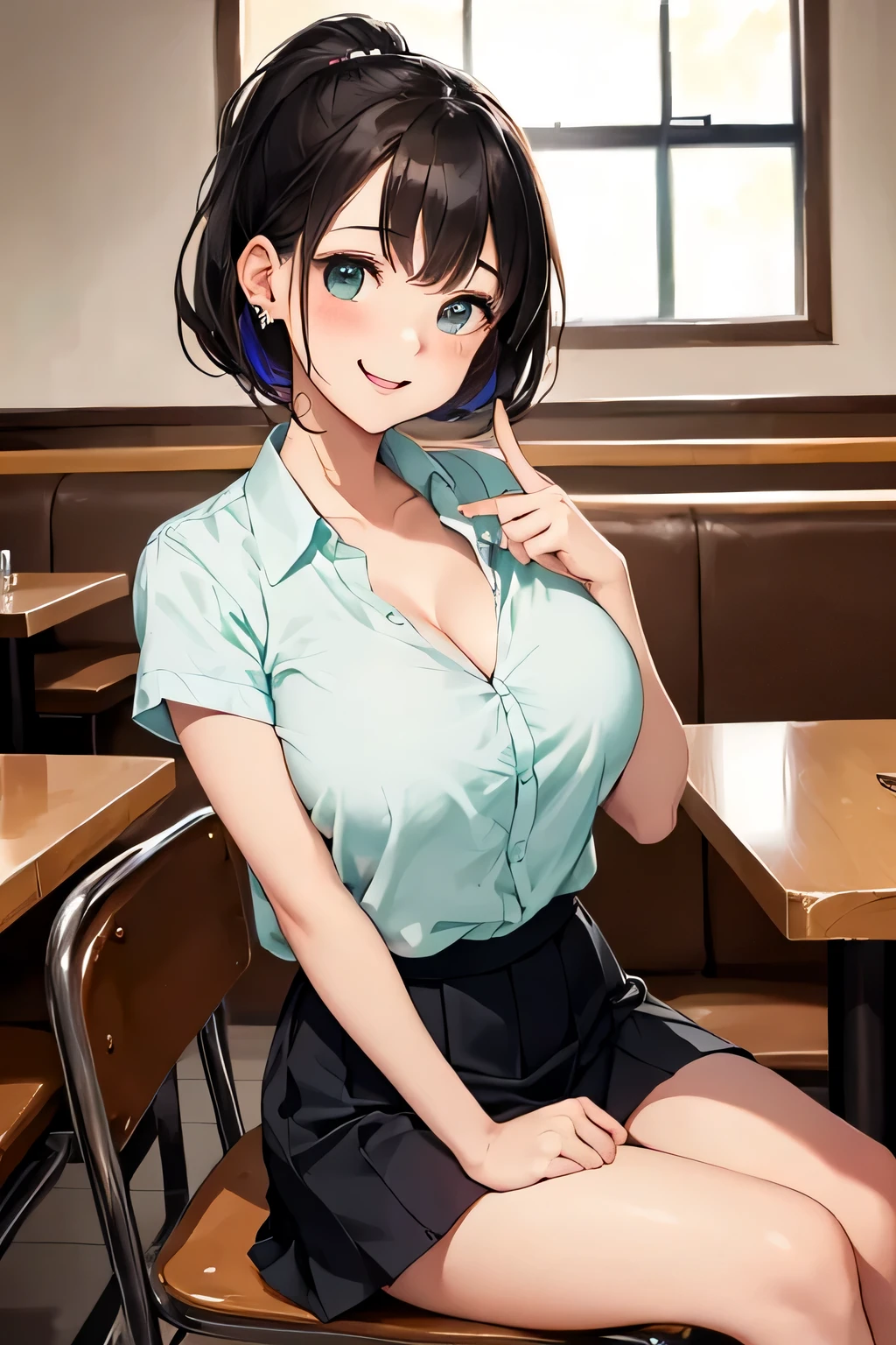 (highest quality:1.4)、(High resolution)、Detailed Background、(Beautiful face in every detail:1.4)、Anatomically correct、(Draw the usual number of fingers:1.2)、(Detailed facial expressions)、Beautiful, smooth skin、 Girl、(Huge breasts:1.3)、brown hair、Black Hair、Bobcut、ponytail、Realistic、Perfect body line、Sitting in a chair at a family restaurant、Accentuate your cleavage、Show off your attractive armpits、Attractive big ass、attractive thick thighs、Blushing、My shirt is about to be buttoned off.、Sexual expressions、Short sleeve shirt、Cowboy Shot、He is looking at me with a happy expression、
(A beautiful girl whose breasts are about to burst out of her shirt:1.5)、

Choose a short shirt blouse that is slightly smaller in length, such as pink or mint green.、
Pair it with a pleated or flared mini skirt.、
The tulle mini skirt is also cute.、Colorful ribbons、cute