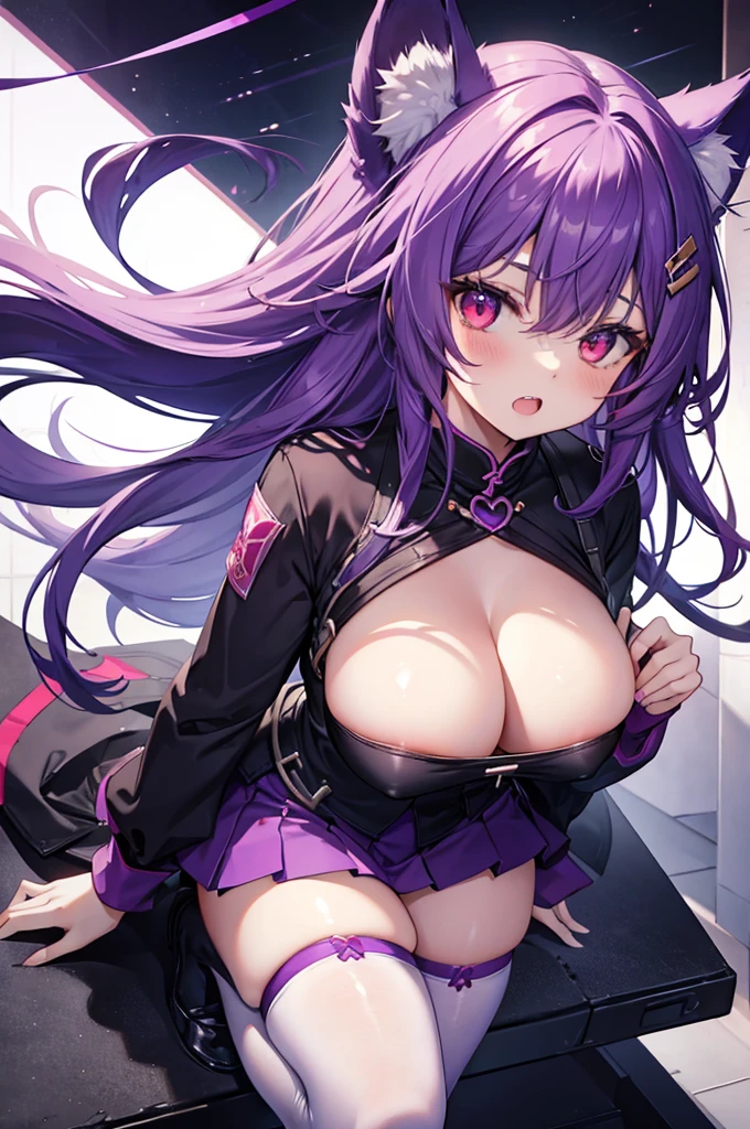 Fox Girl, Large Breasts, Voluminous purple hair, masterpiece , Red eyes, hd, Thick thighs, Head to Chest, buried in my chest、Underboob、Double teeth、tooth、Knee socks