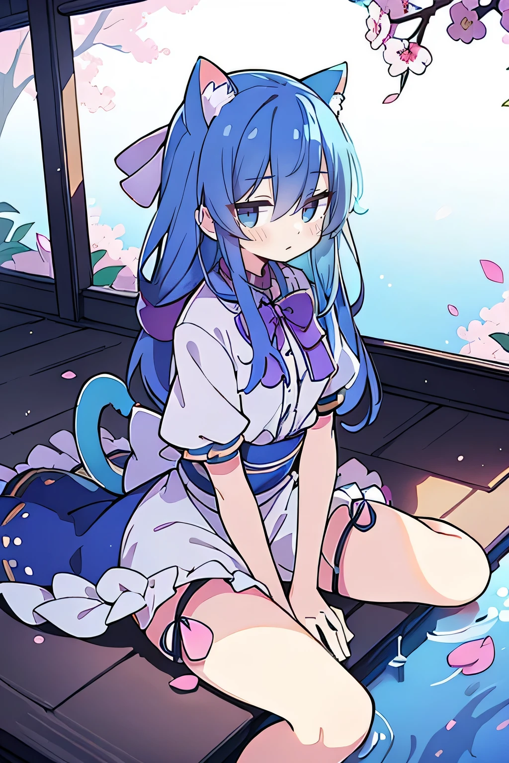(masterpiece:1.2),ultra-detailed,realistic,expressive eyes,fair-skinned,perfectly shaped face,1girl,
Japanese cartoons,Gorgeous blue hair, flowing blue hair,floating clothes,cat ears,petals falling,beautiful Lola,Hina Angel,
hands on waist,gracefully sitting on the ground,legs crossed,gentle and serene background,cool and comfortable pavilion.