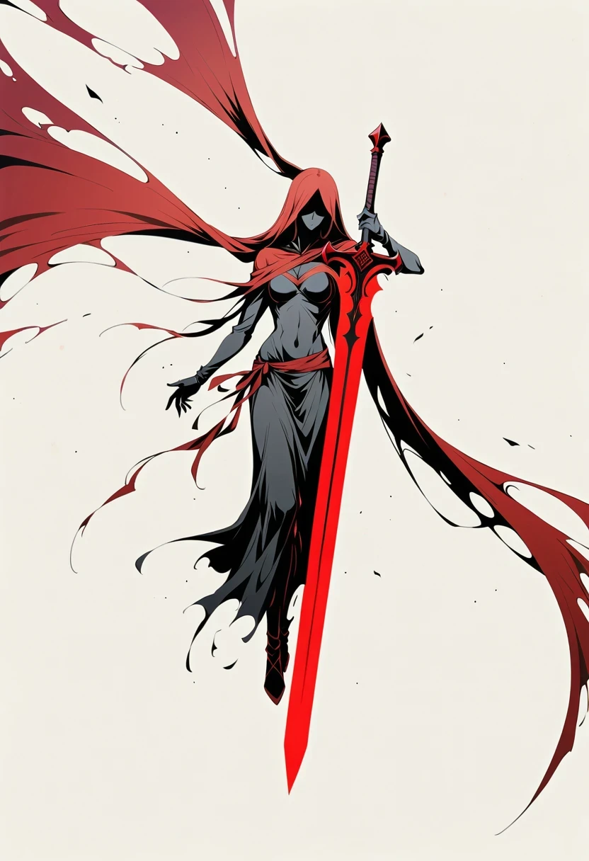 Girl with a sword,Simple lines,Minimalism,Abstract Art,Holding a red long sword,