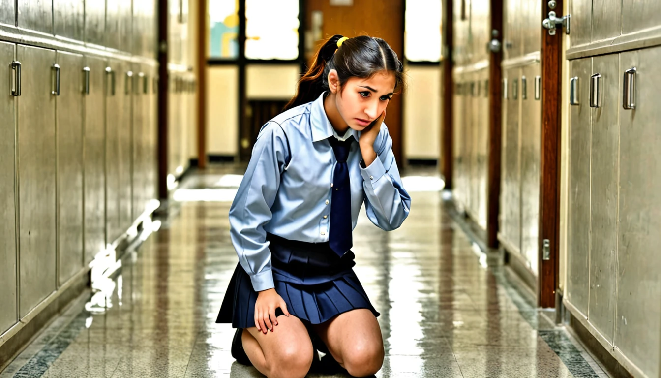 Pakistani college girls,2 pony tails, wearing short skirt uniform, kneeling down punishment , standing straight on knees on floor, back straight, holding ears , touching ears, pulling ears in corridor outside class room door,sad in college 
