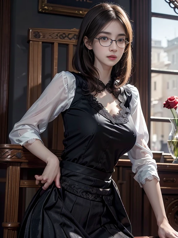 (Realistic、High resolution:1.3),alone, One Girl, masterpiece, highest quality, Very detailed, Cinema Lighting, Intricate details, High resolution, Official Art, Beautifully detailed face and eyes, High resolutionのイラスト, 8k, (Short Bob Hair), Ash Brown Hair:1.3, Very thin body, ((Long skirt、Black lace blouse :1.3)) 、Single Blade, blue eyes, Glasses, Conceit, Sit on a chair, Upper Body, Big Breasts, White shirt, Book_stack, library, ((vine)), Rose, Looking at the audience