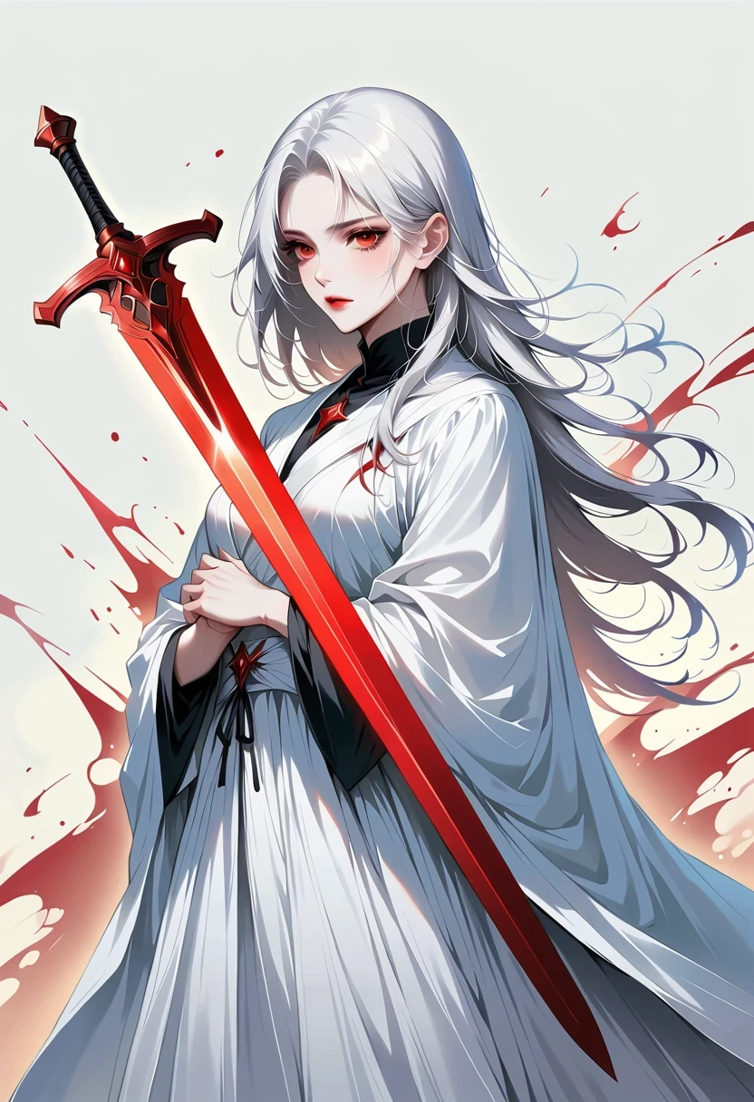 Girl with a sword，Simple lines，Minimalism，Abstract Art，Girl holding a red sword，