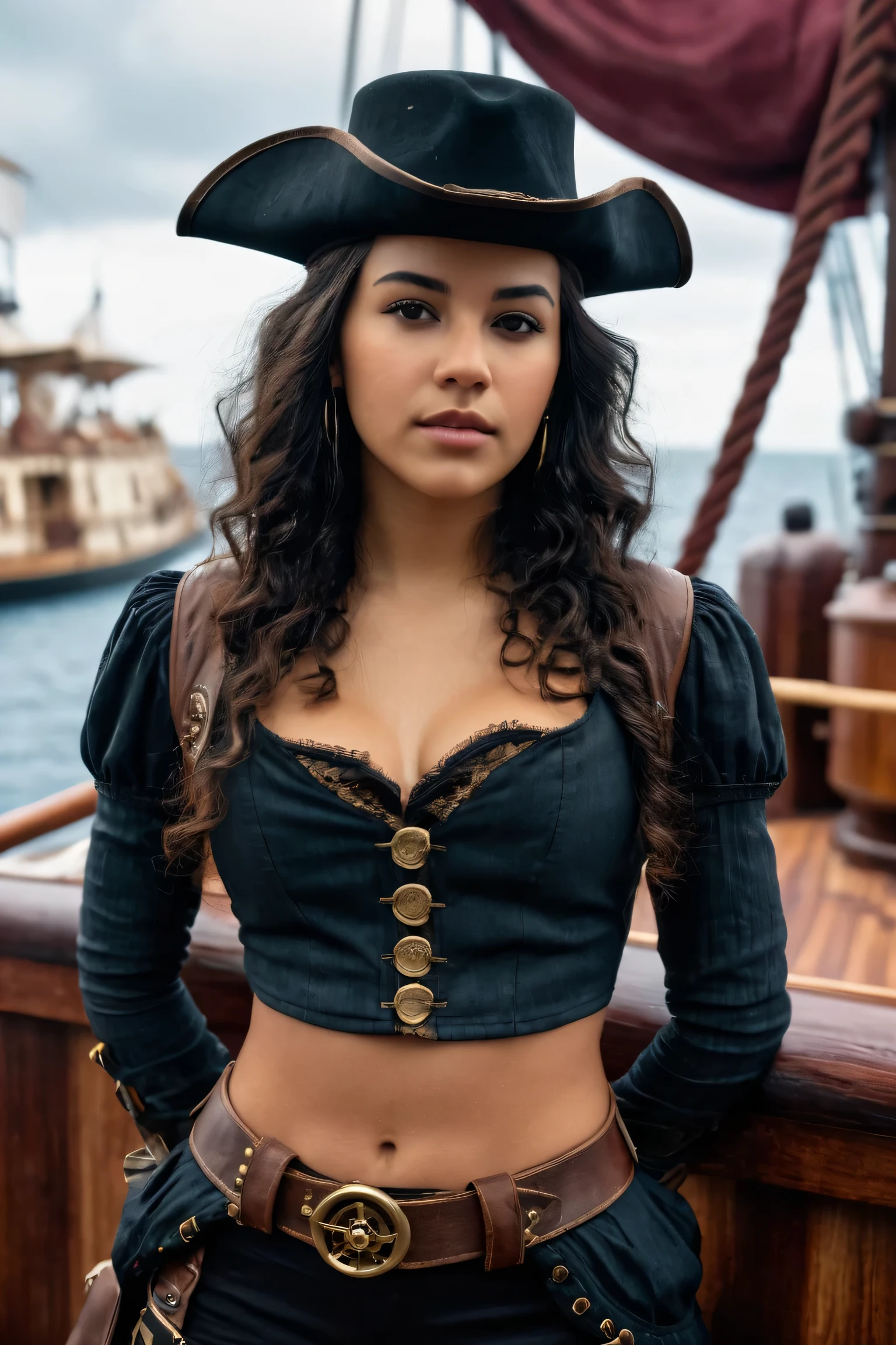 Movie Stills：18-year-old beautiful Latina girl plays a cyberpunk pirate, Vignette, Very detailed, Hollywood movies, ((Cowboy shooting)), Standing on the deck of a steampunk ship,