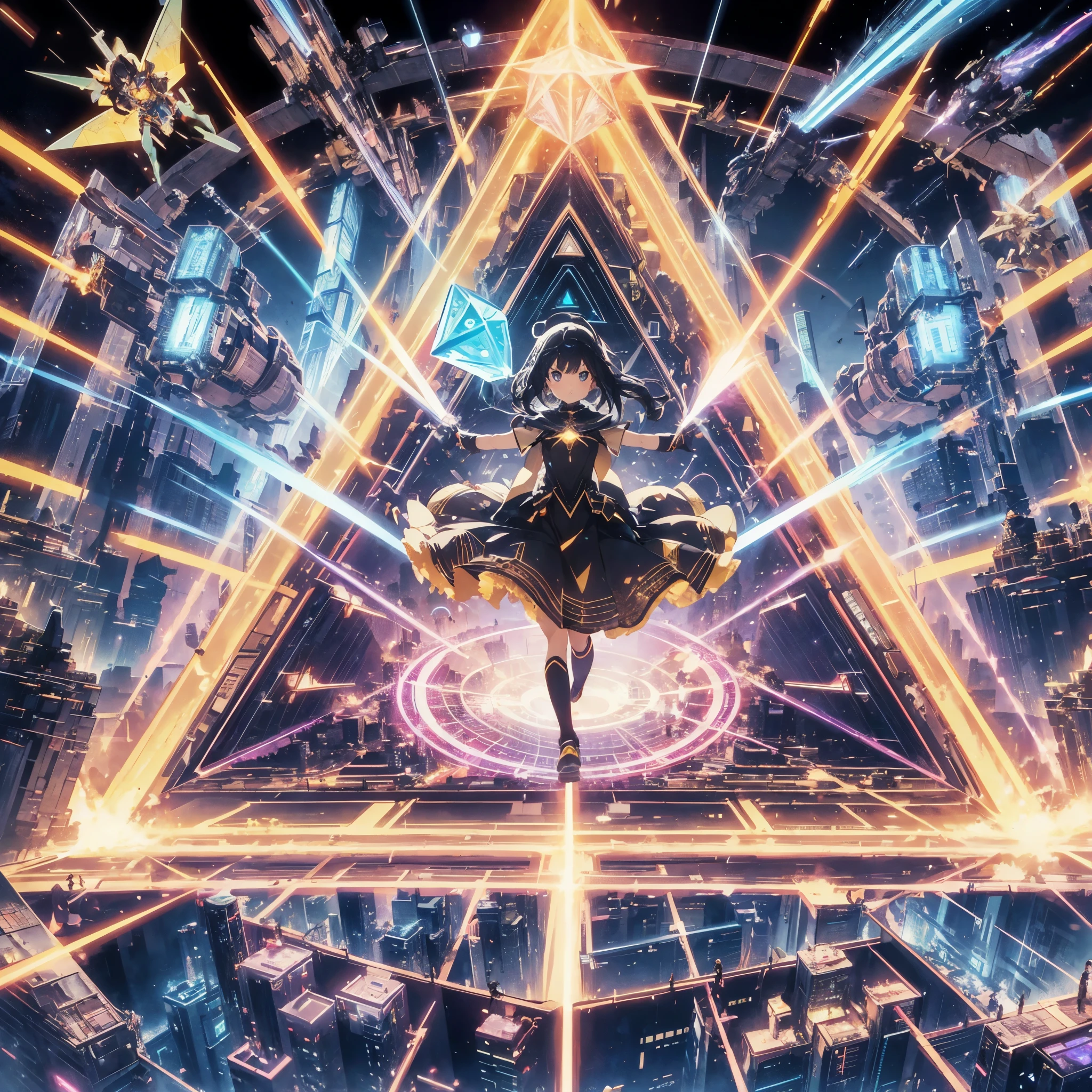 An anime-style illustration of a girl surrounded by a giant triangular pyramid-shaped beam shield. The beam shield is radiated by a beam generator from each corner. The girl has black hair and wears a dress with a black and gold color scheme. Aerial battles and performances dynamically composed of movement and intensity. A movie about a girl surrounded by futuristic mechs, other-dimensional cyberpunk, glowing core reactors, etheric energy fields, bright colors, intricate details, and a pyramid-shaped beam shield.What are the colors of the beam shield? Red, with a beam generator at each vertex, the beam shield emits particulate light,