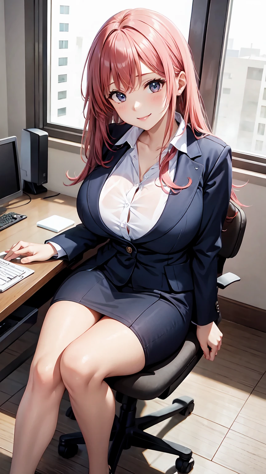  new office lady、、Long pink hair、Huge breasts that are about to burst:1.4、sitting in an office chair、Best Style、smile