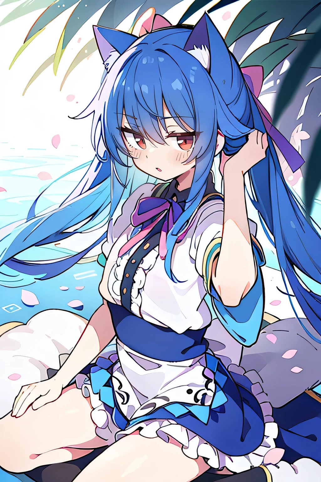 (masterpiece:1.2),ultra-detailed,realistic,expressive eyes,fair-skinned,perfectly shaped face,1girl,
Japanese cartoons,Gorgeous blue hair, flowing blue hair,floating clothes,cat ears,petals falling,beautiful Lola,Hina Angel,
hands on waist,gracefully sitting on the ground,legs crossed,gentle and serene background,cool and comfortable pavilion.