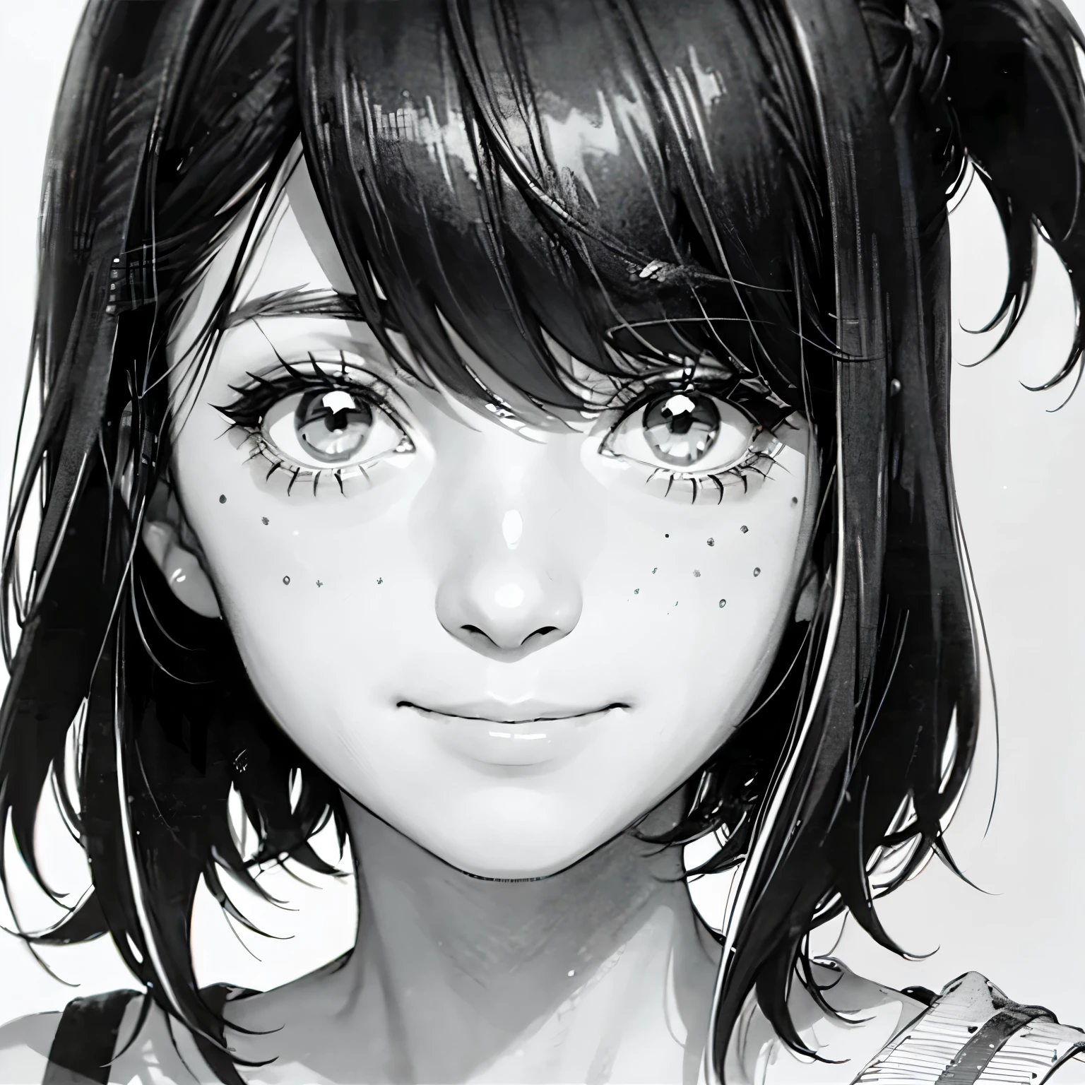 A close-up portrait of a winking girl with a black bob and bangs, manga style, black and white drawing