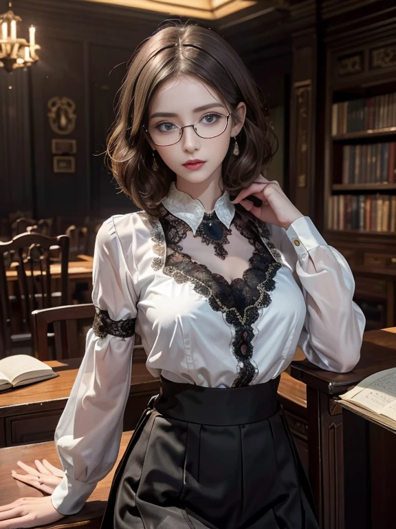 (Realistic、High resolution:1.3),alone, One Girl, masterpiece, highest quality, Very detailed, Cinema Lighting, Intricate details, High resolution, Official Art, Beautifully detailed face and eyes, High resolutionのイラスト, 8k, (Short bun hairstyle), Ash Brown Hair:1.3, Very thin body, ((Monogram Chiffon Long Skirt、Chiffon blouse:1.3)) 、Single Blade, blue eyes, Glasses, Crossing your legs, Sit on a chair, patterned high heels, Big Breasts, Book_stack, library, ((vine)), Looking at the audience,whole body,Elegant high heels,