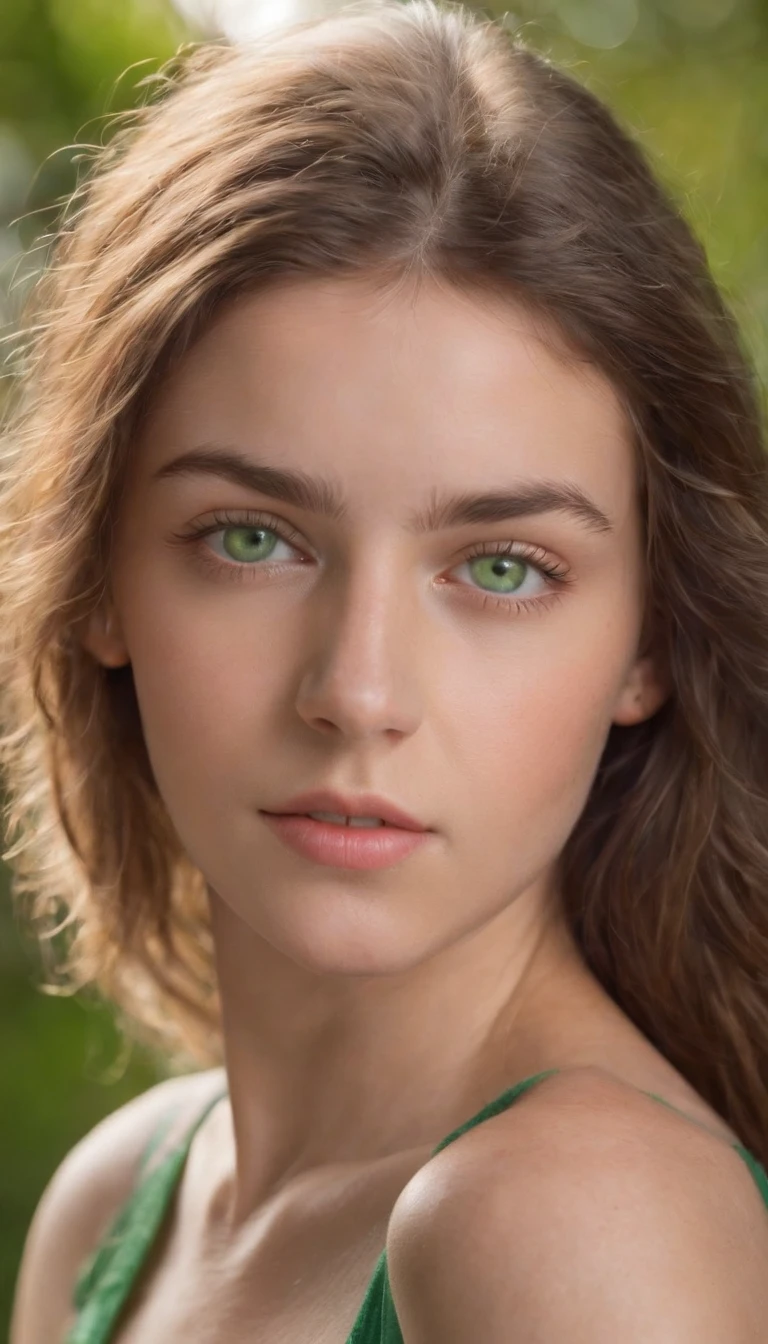  A realistic photo shot of a head face , 19 year old girl who has  bright green eyes. Her look could be a beauty of Barbados Actress. Uruguay 