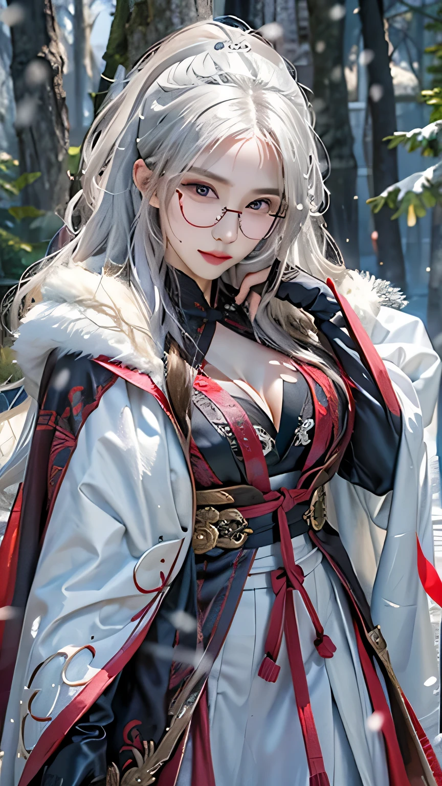 photorealistic, high resolution, soft light,mature women, solo, hips up, shining skin, (detailed face),tattoo, jewelry, winter hanfu, cloak, snow, night, white wavy hair, Beautiful Soldier, Eyes That Invite Viewer, Lover's Perspective, Inviting Expression, Sexy Smile, Perfect Style, Perfect Balance, Detailed Skin, Naughty Gaze, Chest Visible, red dress, glasses, latex, big breast