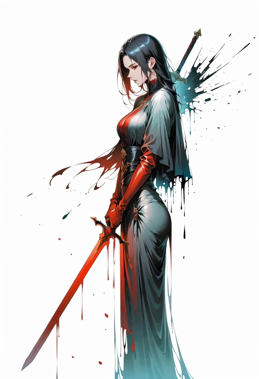 Girl with a sword，Simple lines，Minimalism，Abstract Art，Holding a red long sword，