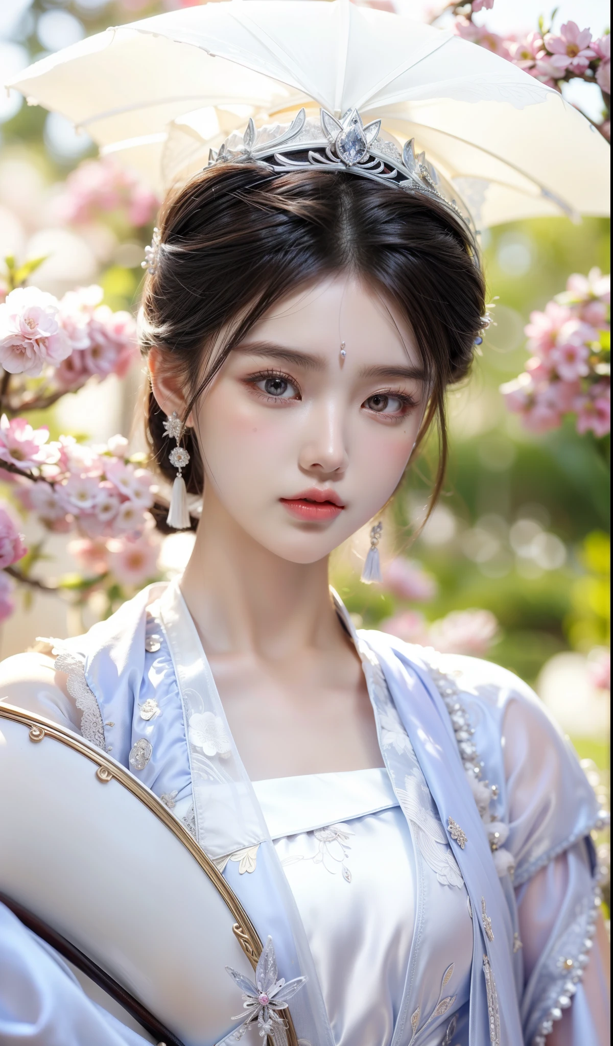 Chinese Mythology，Chang'e fairy，Royal princess，Exquisite eyes，Snow Queen，Put the crown on your head，Detailed facial expressions body，tall and big，Glamorous characters，Leg length，4K，HD，Sensual，White translucent lace，白皙Full figure，Little cherry mouth，Beautiful and lovely，Full figure，Glossy Gel Coat，Wearing a luxurious dress，holding fan in hand