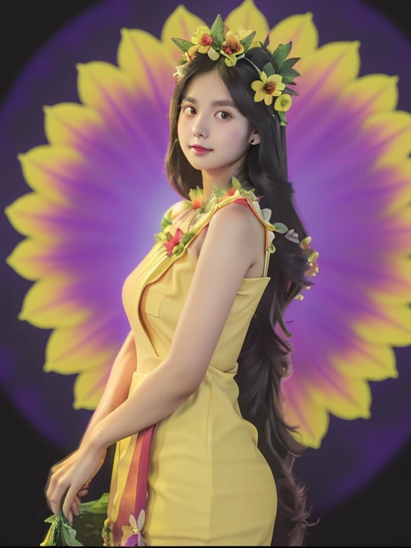 Female Solo ((Adult female));  Long-haired princess (((Big flower dyed in dress beauty)) (Yellow dress reflection) (Red dress reflection) (Green dress reflection) (Black dress reflection) (Purple reflection) (Golden dress reflection) Romance, viewer! (Full body)
   Cartoon anime (oil paint) Burmese girl 18 years old view background clear Hd 8k