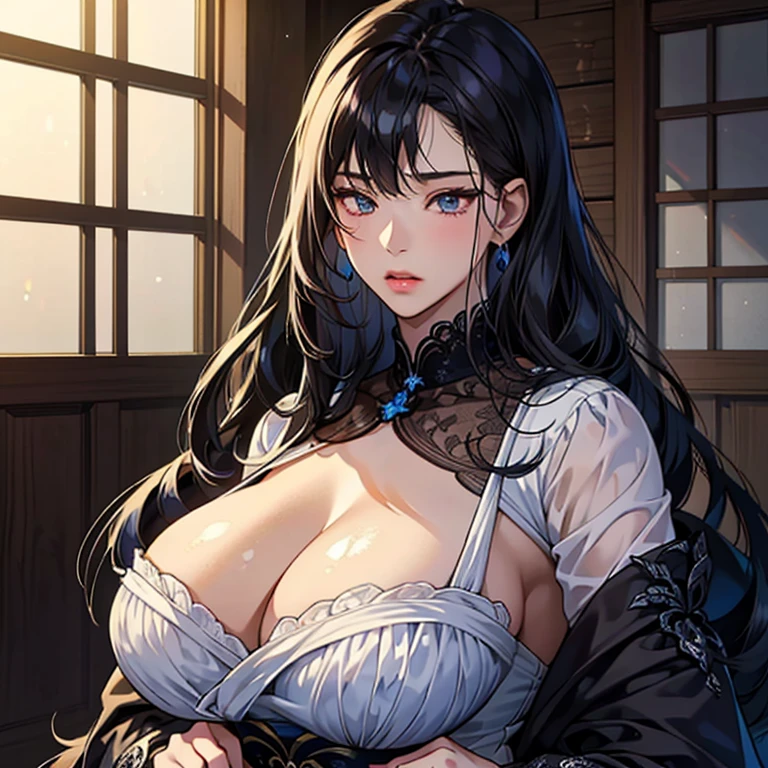 (High resolution)),((Game CG)),(masterpiece),(highest quality), (Very detailed),shape,((Very delicate and beautiful)),　Dark horror, Very embarrassed look,Looking at the audience,(((18-year-old female)),((whole body)),Detailed face and eyes,Jewel-like eyes,(Date Hyogotaka),,,(Super huge breasts,Long and slightly saggy breasts,）　　銀髪と黒い瞳 ダークな雰囲気 満点の星空  黒い下着姿 躍動感 whole body 古代風