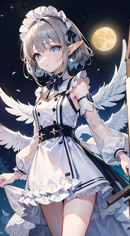 (Superior quality、chef d'oeuvre、quality of'image de haut niveau、Super delicate)、((une fille de beauté))、((Twinte vertical roller ash gray))、(longue frange)、(Des yeux jaunes qui brillent comme la lune)、un tour de cou、seins de taille moyenne,、(Déguisement collants noirs)、(expression sympa, elfe, ailes blanches