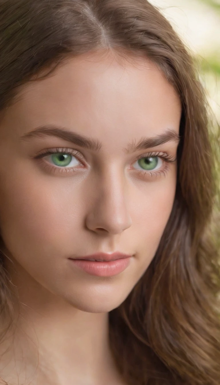 A realistic photo shot of a head face , 19 year old girl who has bright green eyes. Her look could be a beauty of Bahamas Actress.