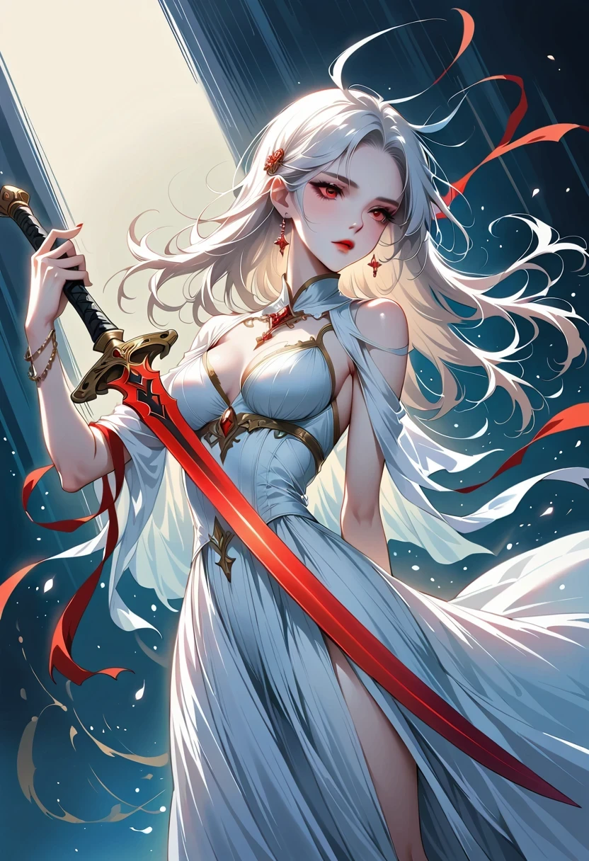 Girl with a sword,Simple lines,Minimalism,Abstract Art,Holding a red long sword,