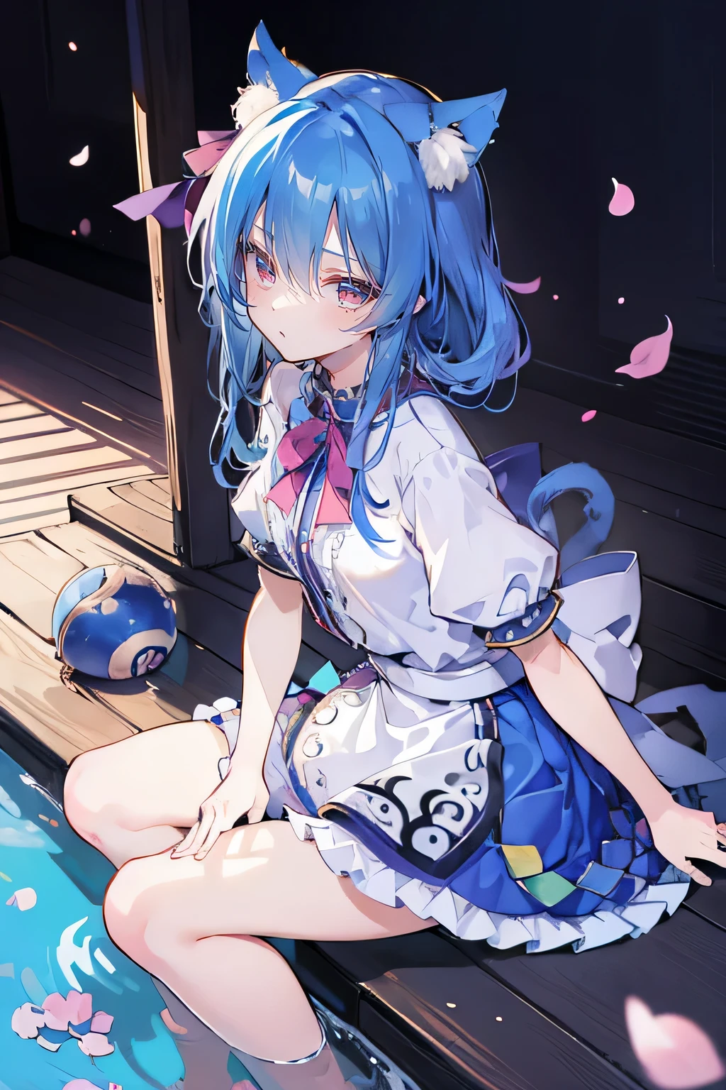 (masterpiece:1.2),ultra-detailed,realistic,expressive eyes,fair-skinned,perfectly shaped face,1girl,
Japanese cartoons,Gorgeous blue hair, flowing blue hair,floating clothes,cat ears,petals falling,beautiful Lola,Hina Angel,
hands on waist,gracefully sitting on the ground,legs crossed,gentle and serene background,cool and comfortable pavilion.