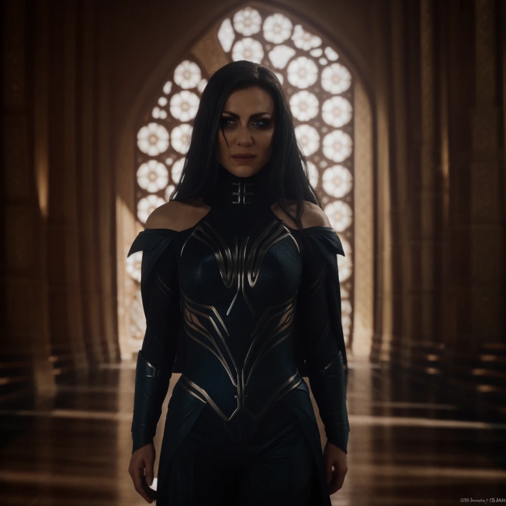 Best_QualityPos, RAW photo, intricate details, best quality, 8k uhd, soft lighting, 1girl, solo, bare shoulders, black hair, long hair, armor, Blue eyes, epiC35mm