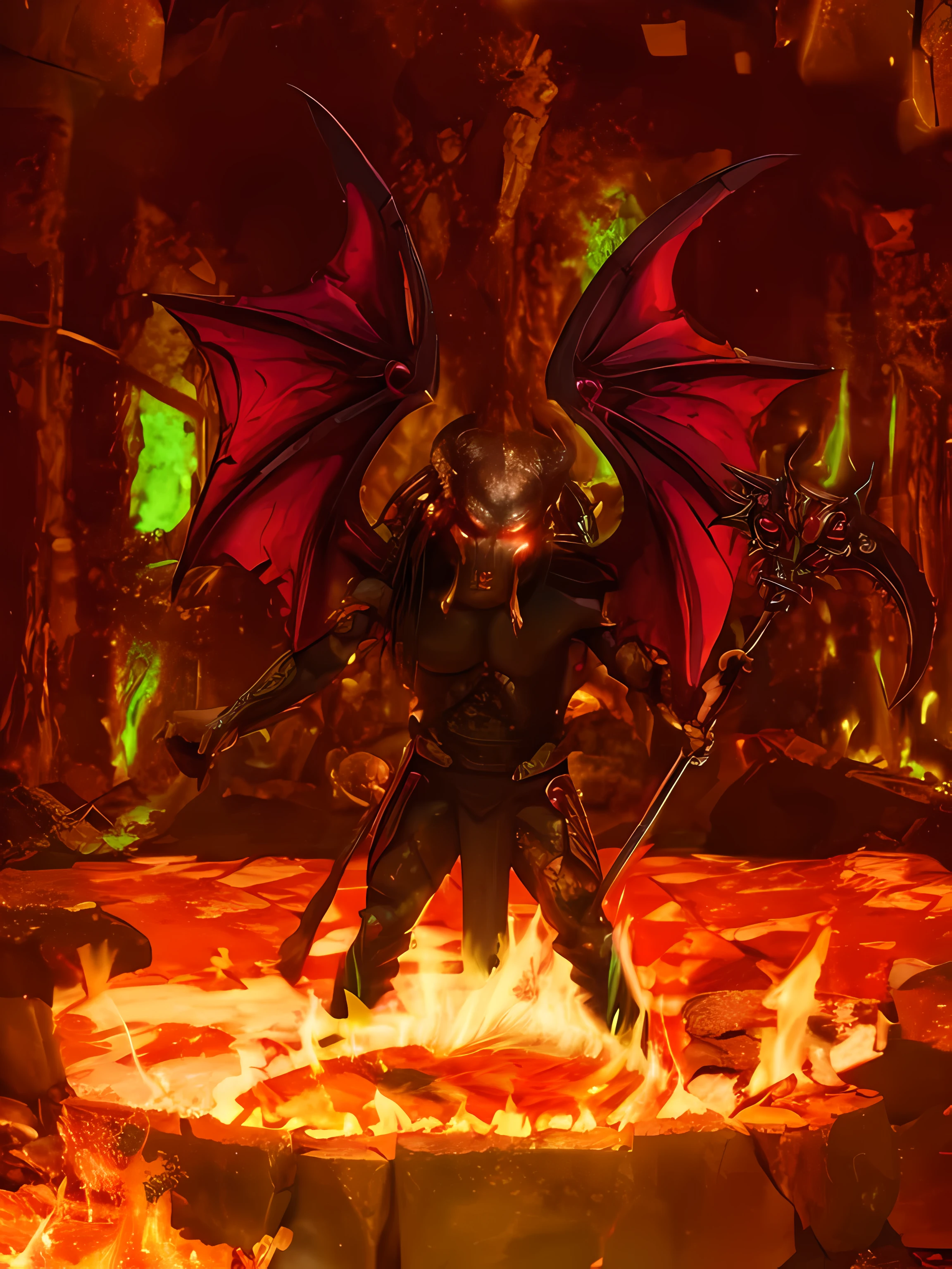 Yautja predator demonic demon with red wings and a scythe in a fire pit, the demonio in hell as a dragon, satan in hell, gobernante del infierno, demon lord, Demonio balrog humanoide musculoso, fondo del infierno, Angel in Hell, fondo del fuego del infierno, Charging through a dragon den, la batalla final en el infierno, Alamuerte, el rey del infierno, demonio, depredador, Yautja, light and shadow correction, sharp, hd, claridad de imagen, infierno, mar de fuego, alas de demonio, ojos rojos luminosos, 