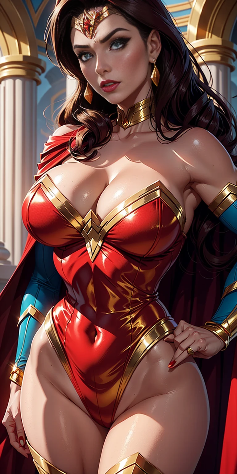 a woman in a red and gold costume posing for a picture, bright red cape on her back, faye valentine, amouranth as a super villain, cory chase as an atlantean, she-ra, she - ra, dressed as wonder woman, cinematic goddess body shot, ornate cosplay, close up half body shot, portrait of modern darna, exposed thighs!!!