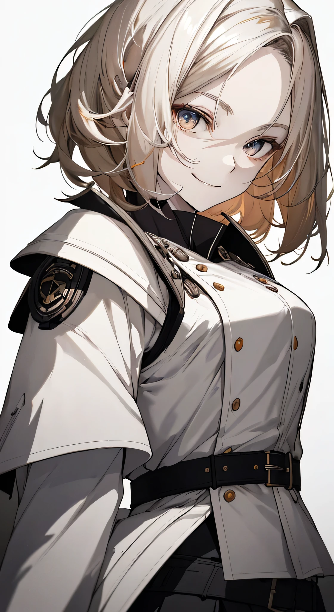 whole body, White one-piece military uniform, Jet black hair,(Tabletop:1.2, highest quality), (Beautiful, detailed eyes: 1.2), (Beautifully detailed face), High Contrast, (Best lighting, Very delicate and beautiful), ((Cinematic Light)), dramatic light, Intricate details,Dark orange eyes, Shining Eyes,low length, Small breasts、Belt under the chest、White military uniform, White Skirt,Blonde, Black tie,  (Pale white background:1.5), Wolf Cut Hair, accurate needle, look at me and smile, unreddish skin, shortcut, Looking up,