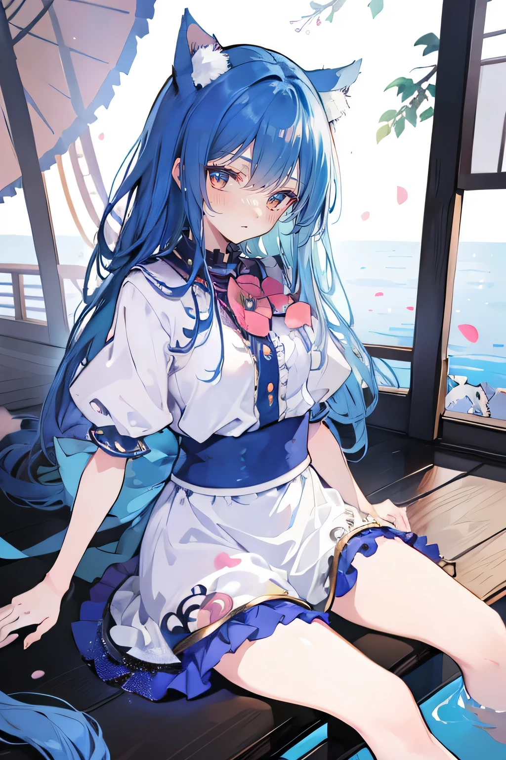 (masterpiece:1.2),ultra-detailed,realistic,expressive eyes,fair-skinned,perfectly shaped face,1girl,
Japanese cartoons,Gorgeous blue hair, flowing blue hair,floating clothes,cat ears,petals falling,beautiful Lola,Hina Angel,
hands on waist,gracefully sitting on the ground,legs crossed,gentle and serene background,cool and comfortable pavilion.