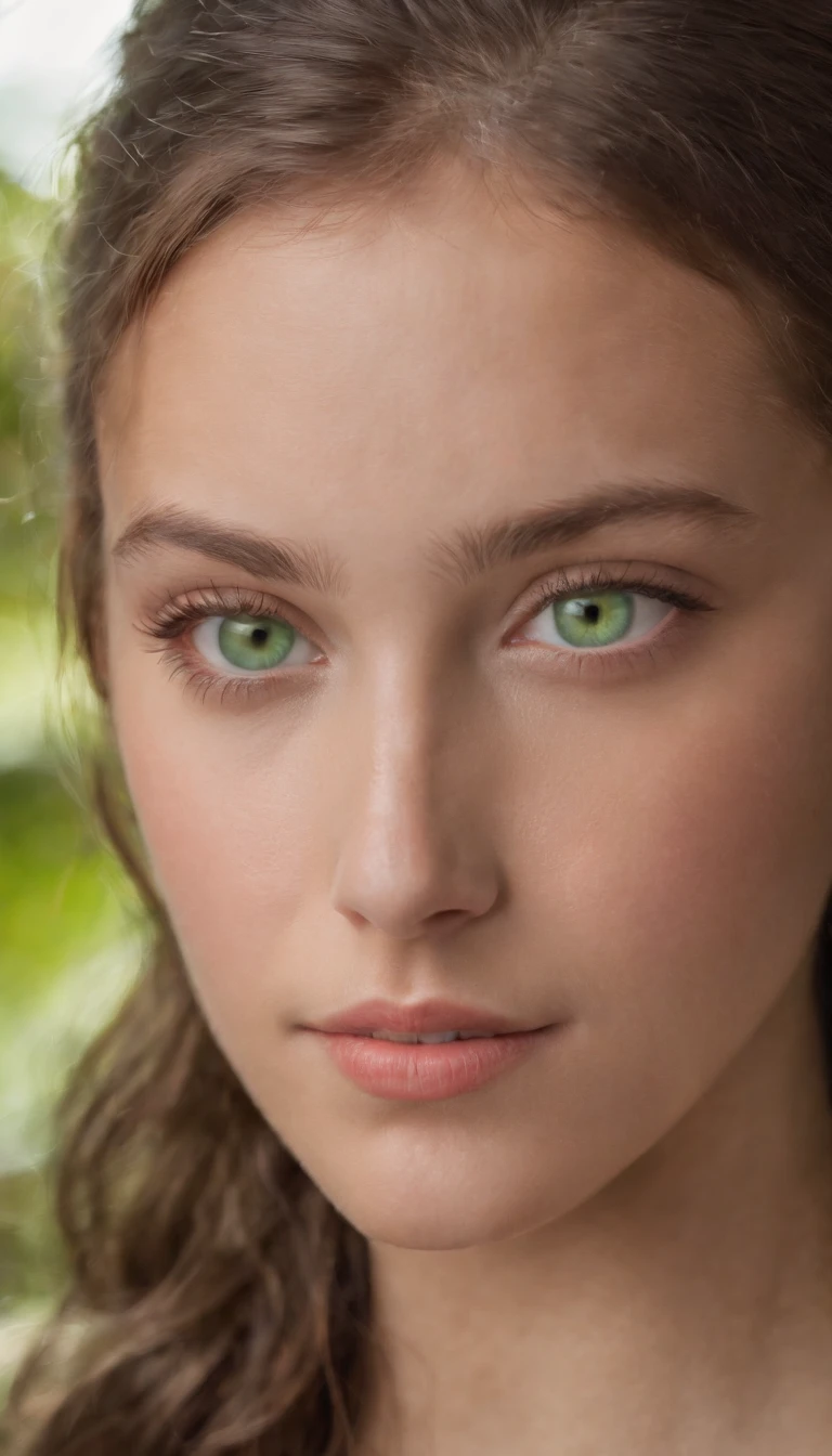 A realistic photo shot of a head face , 19 year old girl who has  bright green eyes. Her look could be a beauty of Belize  Actress.