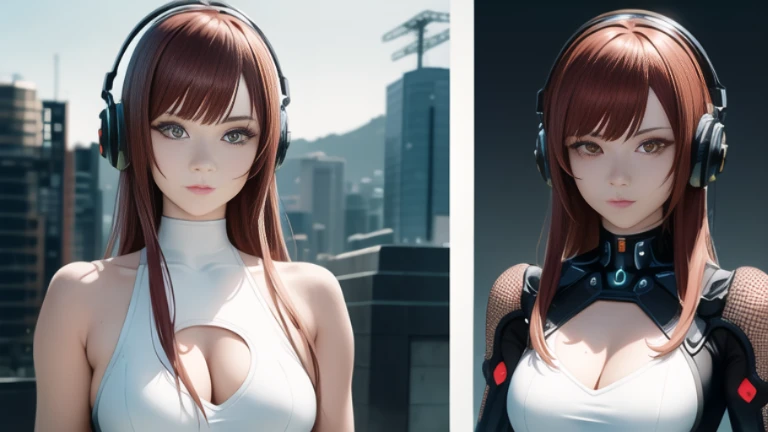 ((highest quality)), ((masterpiece)), ((Realistic)),High Contrast, 19 years old, Redhead girl, Shoulder-length hair,Headphones,cyber punk, リラックスした幸せなface,((非常にdetailedな目)),Very detailed glowing eyes, ((thin)) ,Rubber bodysuit, ( White one piece swimsuit ) ((sexy )) ,Slender figure,textured pixie haircut (((detailedなキャラクターシート, Front view, ~ side面図, 3/4 Views))) (((cyber punkの背景))) Six and a half whole bodies,4K,UltraSharp,Multiple Views of the same character,Charterner v2, One girl, Slender figure, (Headphones),Brown Hair, Long Hair, Orange eyes, Same clothes, Concept Art, detailed_face, line_sketch, plan, Official Art, Official Alternative Costumes, Design style, multi style, detailed character, 4_~ side, original, 8K GC, massive detailed, Multiple Views of the same character, character, technical illustration, Multiple Views,masterpiece,highest quality(masterpiece, highest quality), 32k,(非常にdetailedな美しい女性), Future Anime,The ultimate map,highlight,Headphones,Very detailed glowing eyes,Cleavage,Complex patterns,Stylish hairstyle,fluorescence((White clothes)),cyber punk