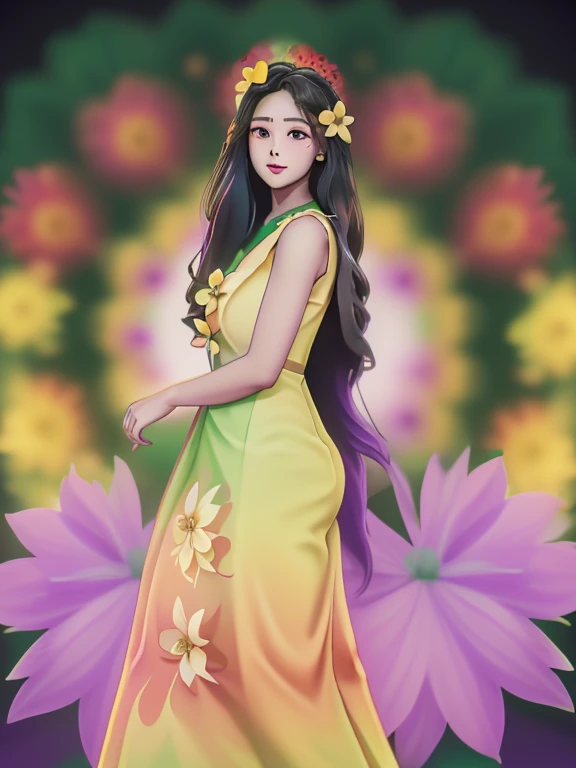 Female Solo ((Adult female));  Long-haired princess (((Big flower dyed in dress beauty)) (Yellow dress reflection) (Red dress reflection) (Green dress reflection) (Black dress reflection) (Purple reflection) (Golden dress reflection) Romance, viewer! (Full body)
   Cartoon anime (oil paint) Burmese girl 18 years old view background clear Hd 8k