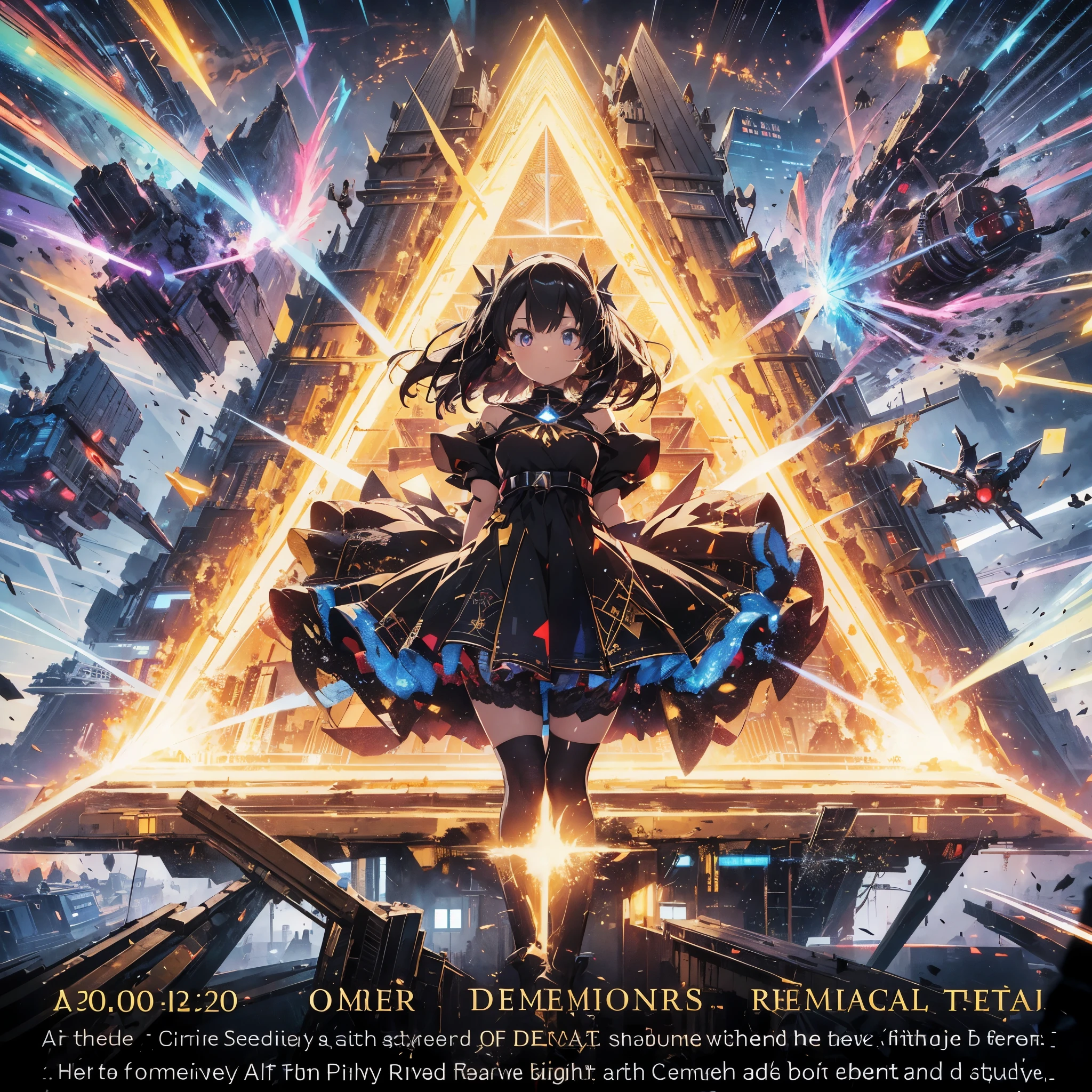 An anime-style illustration of a girl surrounded by a giant triangular pyramid-shaped beam shield. The beam shield is radiated by a beam generator from each corner. The girl has black hair and wears a dress with a black and gold color scheme. Aerial battles and performances dynamically composed of movement and intensity. A movie about a girl surrounded by futuristic mechs, other-dimensional cyberpunk, glowing core reactors, etheric energy fields, bright colors, intricate details, and a pyramid-shaped beam shield.What are the colors of the beam shield? Red, with a beam generator at each vertex, the beam shield emits particulate light,