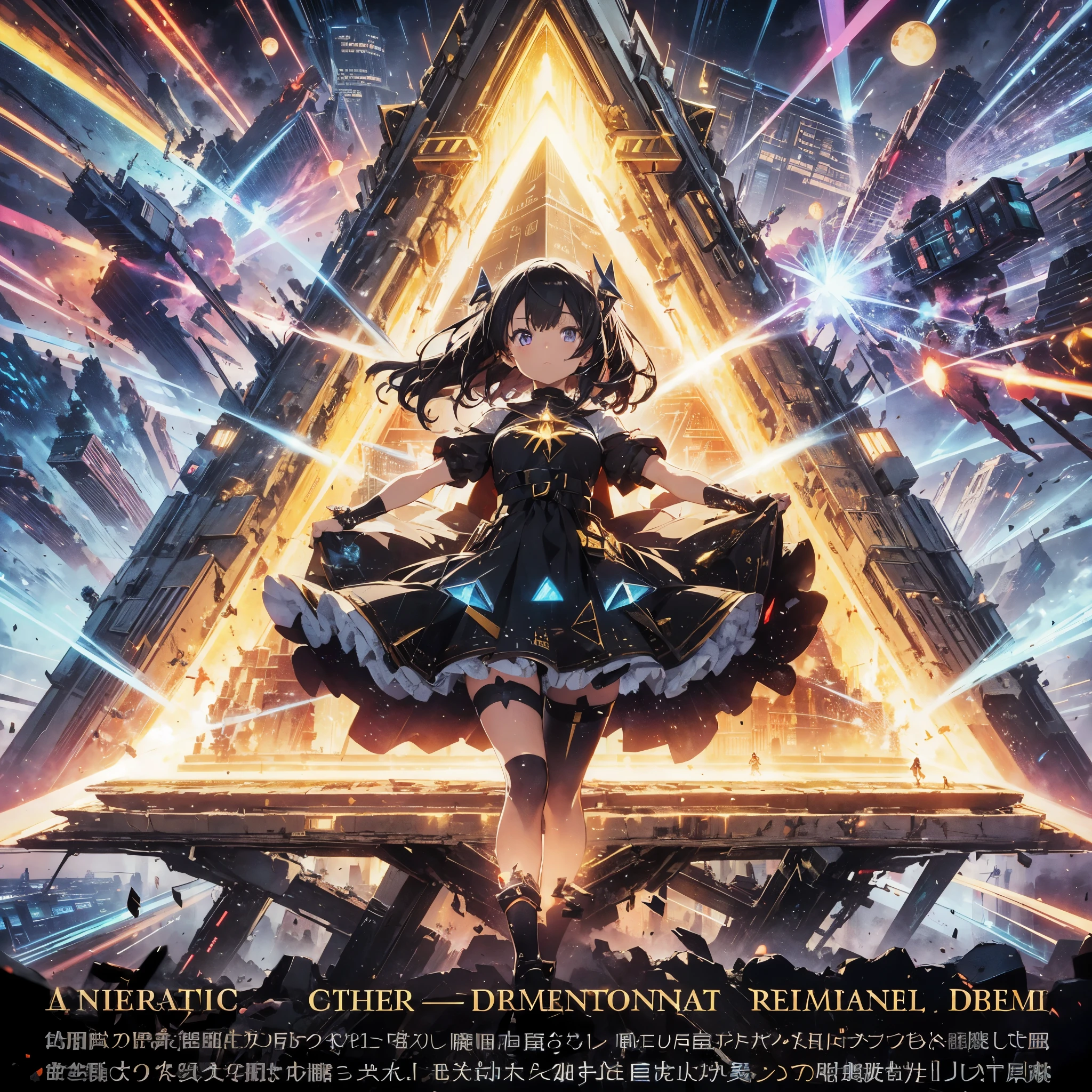 An anime-style illustration of a girl surrounded by a giant triangular pyramid-shaped beam shield. The beam shield is radiated by a beam generator from each corner. The girl has black hair and wears a dress with a black and gold color scheme. Aerial battles and performances dynamically composed of movement and intensity. A movie about a girl surrounded by futuristic mechs, other-dimensional cyberpunk, glowing core reactors, etheric energy fields, bright colors, intricate details, and a pyramid-shaped beam shield.What are the colors of the beam shield? Red, with a beam generator at each vertex, the beam shield emits particulate light,