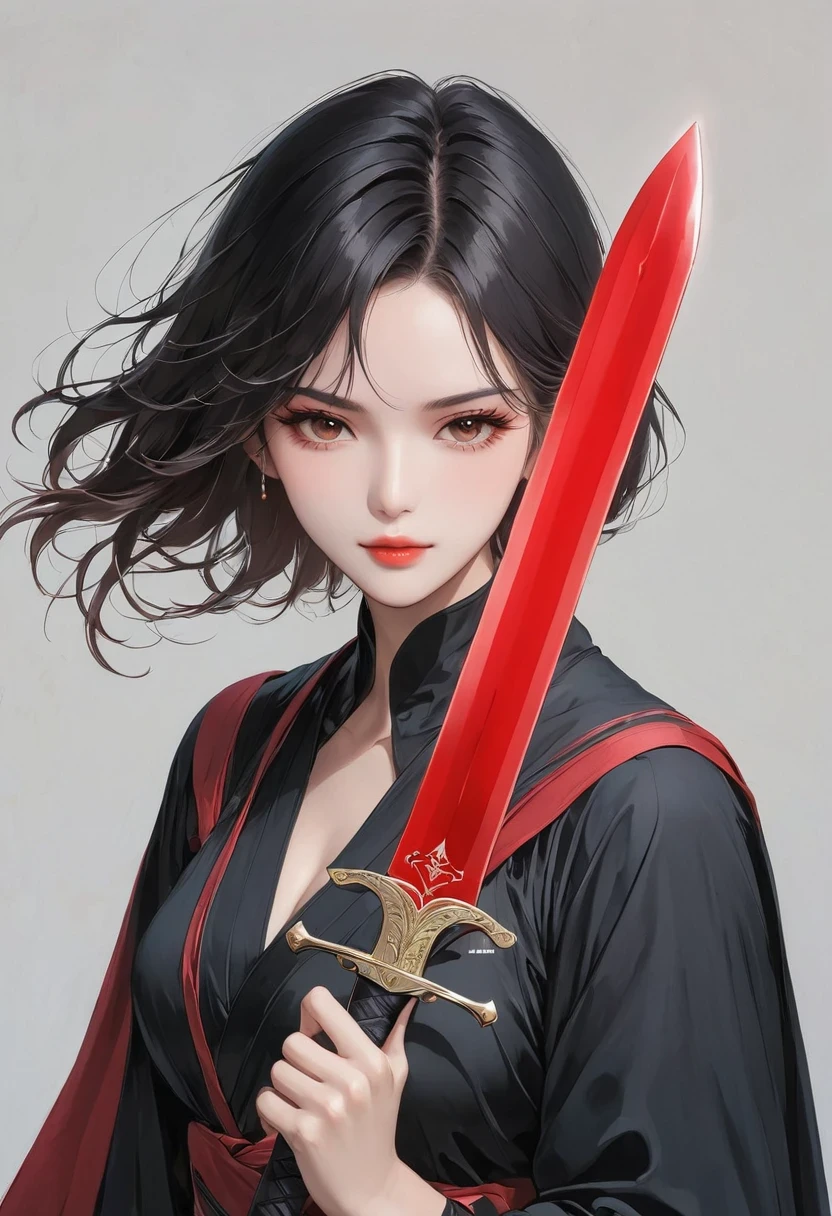 Girl with a sword,Simple lines,Minimalism,Abstract Art,Holding a red long sword,