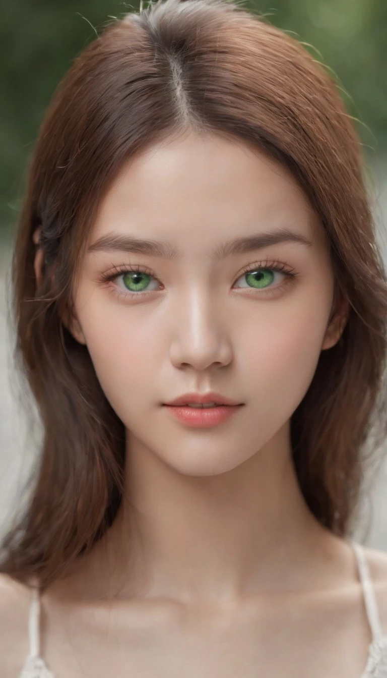 A realistic photo shot of a head face , 19 year old girl who has bright green eyes. Her look could be a beauty of Korean Actress.