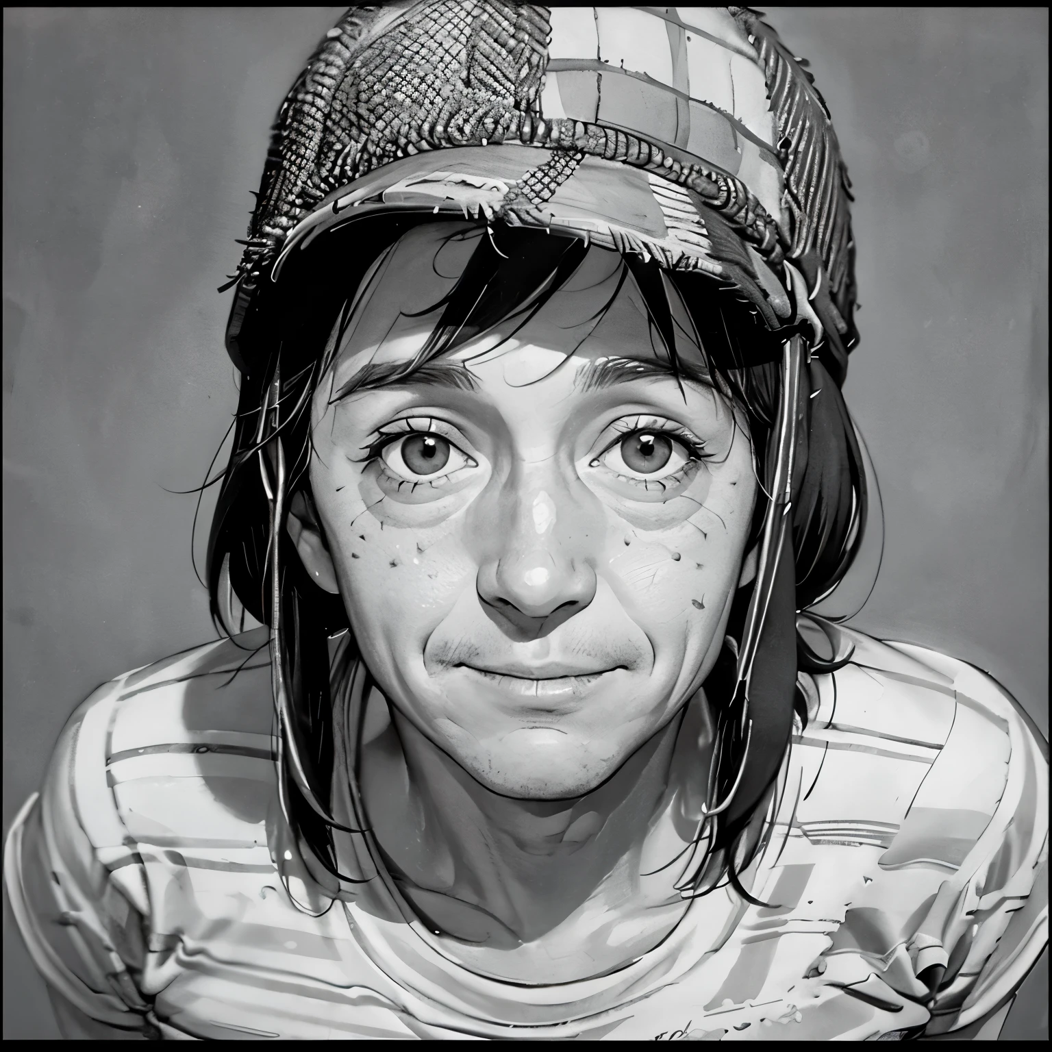 A close-up portrait of el chavo del ocho, manga style, black and white drawing