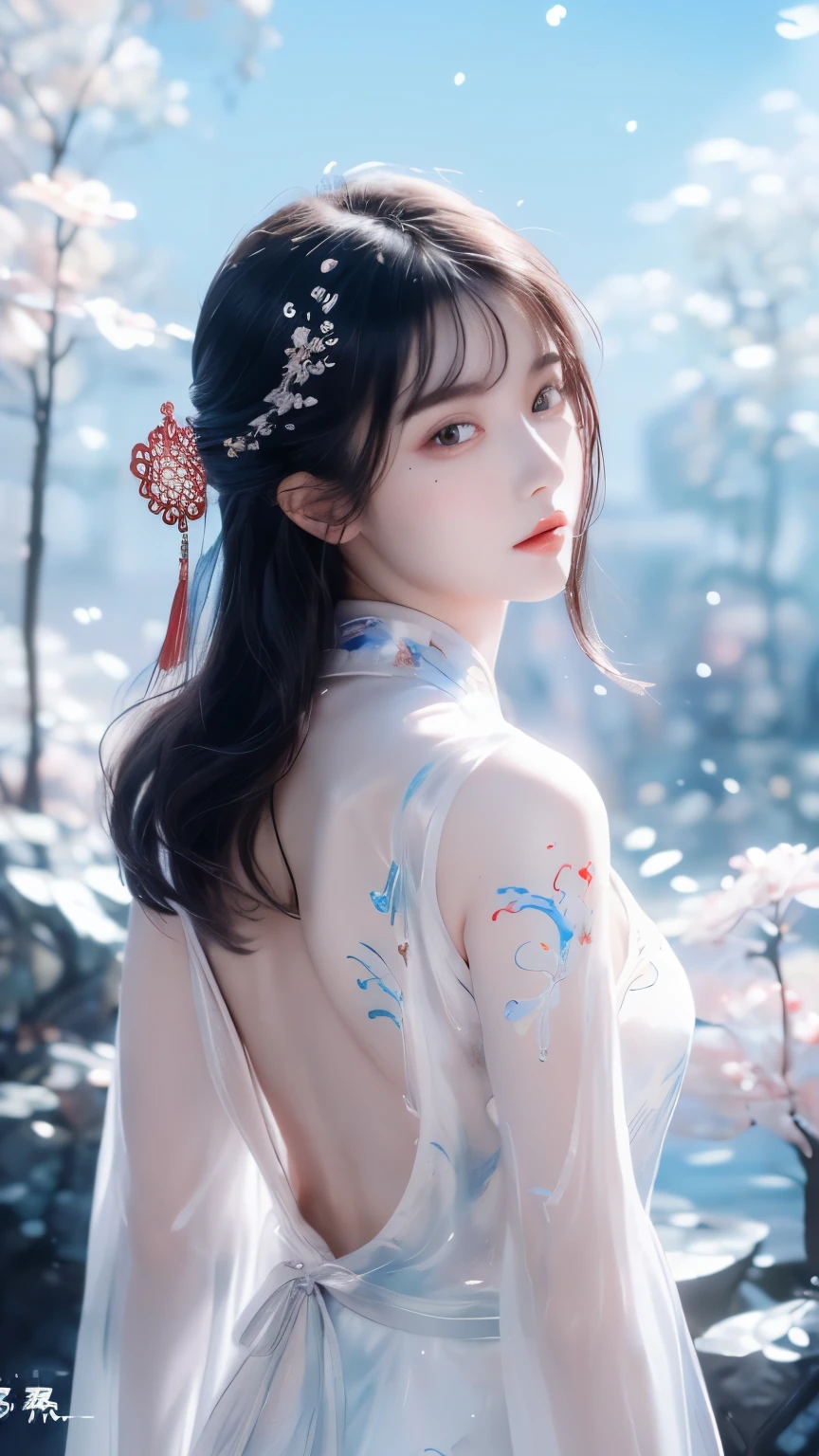 (((masterpiece))),(((best quality))),((ultra-detailed)), ((illustration)),floating, ((an extremely delicate and beautiful)),(beautiful detailed eyes), (painting),(sketch),((neck)),(((back))),(looking back), blush,dhalter dress, backless dress ,hyper detailed,eyes,(black hair),upper body, (((Clear face))),((Clear eyes)), bangs, serious face, (((Chinese cloth,ornament))),{Ink painting style},{Ancient Chinese style},very long hair,disheveled hair,messy_hair,white hair,flowing hair,wind,glowing eyes,cinematic lighting,everything floating,Extremely gorgeous,legend,epic,feather, leaves, nature, (sunlight), river, (forest),(painting),(sketch),((loli:1.3)),{petite},{cute face},((flat chested)),(Sketch),(laurel crown ),(((beautiful detailed sky,smooth))),(soft),((beautiful detailed eyes and face)),(neck ring),(necklace),(pendant),((white dress)),(detailed light),(beautiful detailed eyes),shinelight ),(lighting particle),(colorful),((((Chinese ink painting))), ((((Ink dyeing)))),