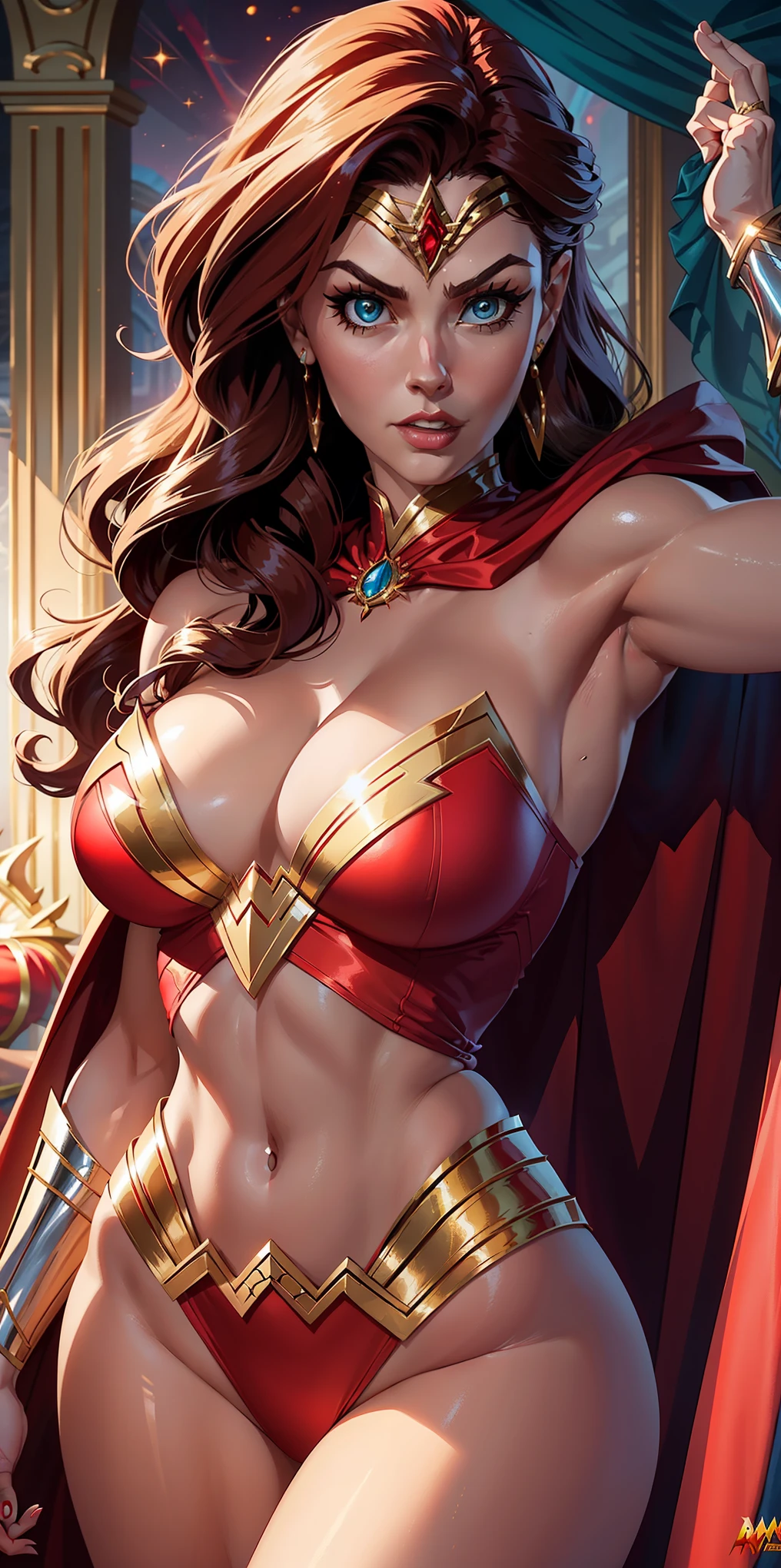 a woman in a red and gold costume posing for a picture, bright red cape on her back, faye valentine, amouranth as a super villain, cory chase as an atlantean, she-ra, she - ra, dressed as wonder woman, cinematic goddess body shot, ornate cosplay, close up half body shot, portrait of modern darna, exposed thighs!!!