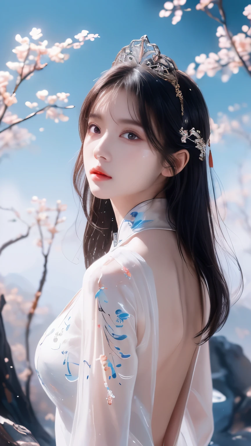 (((masterpiece))),(((best quality))),((ultra-detailed)), ((illustration)),floating, ((an extremely delicate and beautiful)),(beautiful detailed eyes), (painting),(sketch),((neck)),(((back))),(looking back), blush,dhalter dress, backless dress ,hyper detailed,eyes,(black hair),upper body, (((Clear face))),((Clear eyes)), bangs, serious face, (((Chinese cloth,ornament))),{Ink painting style},{Ancient Chinese style},very long hair,disheveled hair,messy_hair,white hair,flowing hair,wind,glowing eyes,cinematic lighting,everything floating,Extremely gorgeous,legend,epic,feather, leaves, nature, (sunlight), river, (forest),(painting),(sketch),((li:1.3)),{petite},{cute face},((flat chested)),(Sketch),(laurel crown ),(((beautiful detailed sky,smooth))),(soft),((beautiful detailed eyes and face)),(neck ring),(necklace),(pendant),((white dress)),(detailed light),(beautiful detailed eyes),shinelight ),(lighting particle),(colorful),((((Chinese ink painting))), ((((Ink dyeing)))),