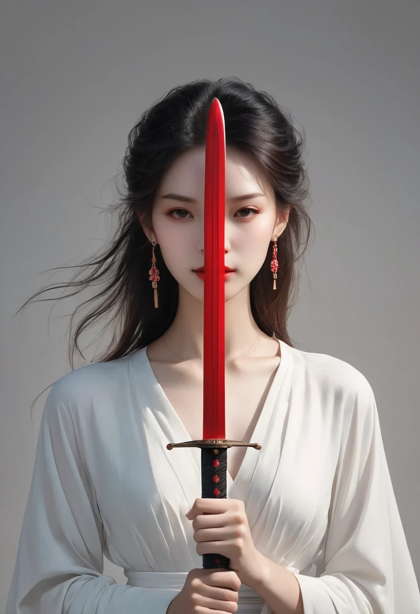 Girl with sword,Simple lines,Light underwear,(transparent),The chest is faintly visible,Cleavage,Minimalism,Holding a red long sword,