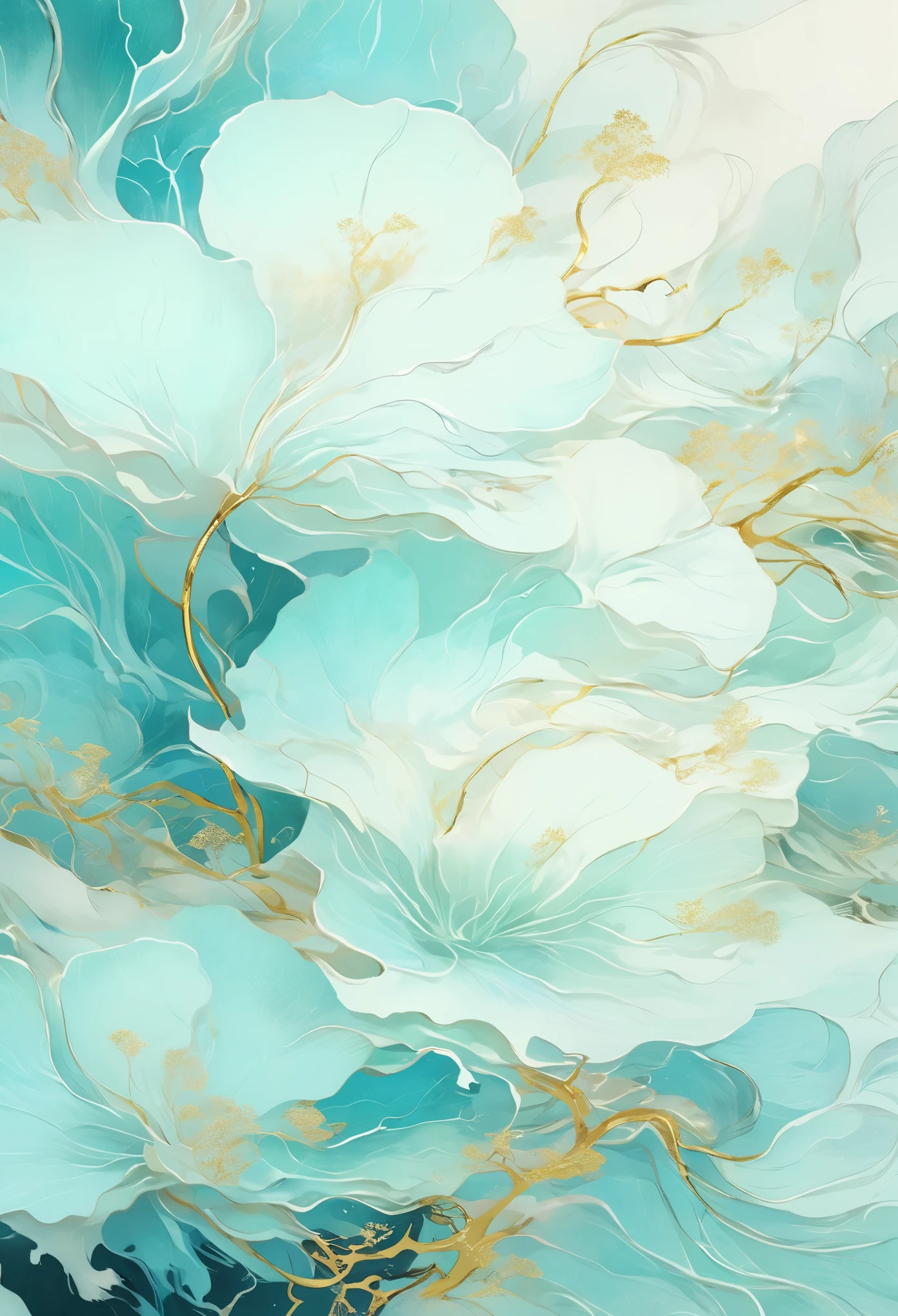 Chinese painting nature illustration, Ethereal dream style, Gold and Aquamarine, Layered imagery with subtle irony, illustration, Futuristic Colored Waves, Light cyan and white, precise, Detailed