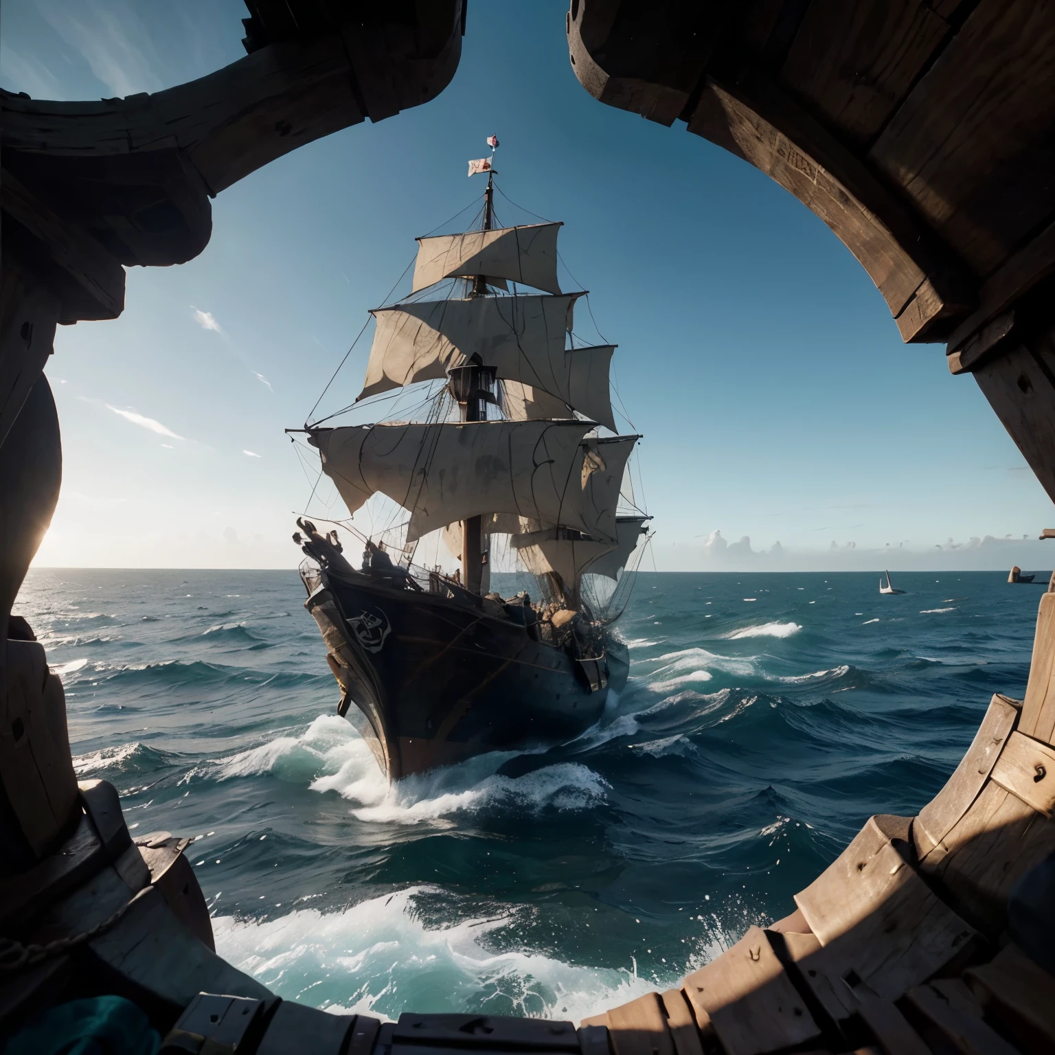 Le logo du jeu sea of thieves au milieu de l image au premier plan avec un aube de poussière derrière. At the top of the image it will be marked "dawn of dust". This image has the theme of piracy
