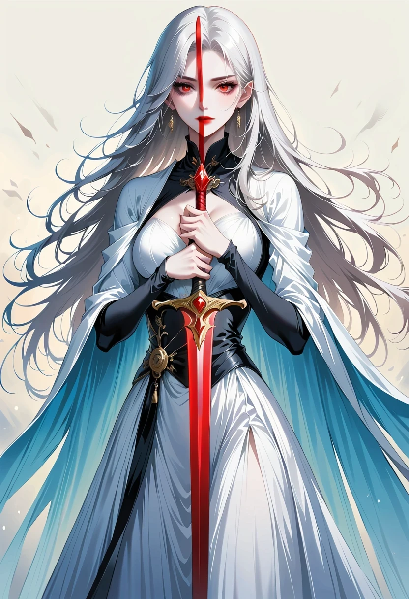 Girl with a sword,Simple lines,Minimalism,Abstract Art,Holding a red long sword,