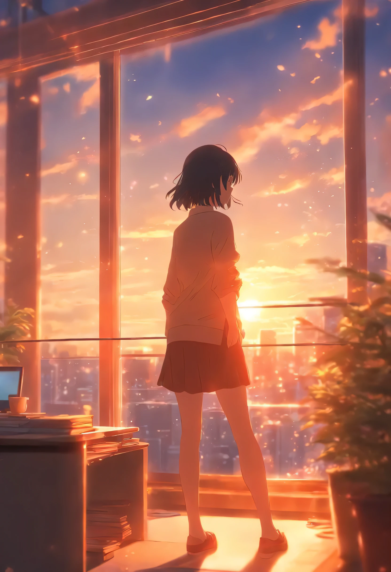  1 girl, pose, office scenery, cinematic lighting, looking out window, Best quality masterpiece, art by Makoto Shinkai   —niji 5
