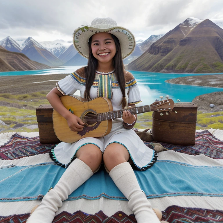 Very young Bolivian indigenous woman smiling full body front view playing guitar legs crossed big eyes honey color warm and welcoming smile; typical clothing wide-brimmed white hat; mountainous flowery landscape a white sheep and in the background a blue lagoon
