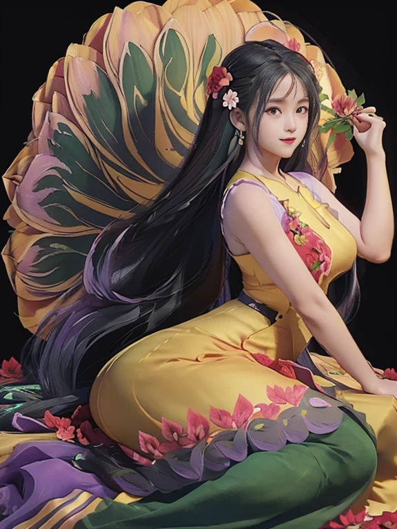 Works Female Solo ((Adult iemale));  Long-haired princess( ((Painting a big flower on the dress))) (Yellow dress reflection) (Red dress reflection) (Green dress reflection) (Black dress reflection) (Purple reflection) (Golden dress reflection) romantic, Enjoy the viewer! (fullbody)
  cartoon anime (oil paint) Burmese girl,  18 years old   scene, background clear Hd 8k